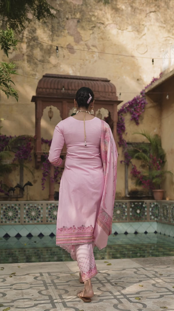 Cotton Silk Pant Suit 3 Pcs- Pink
