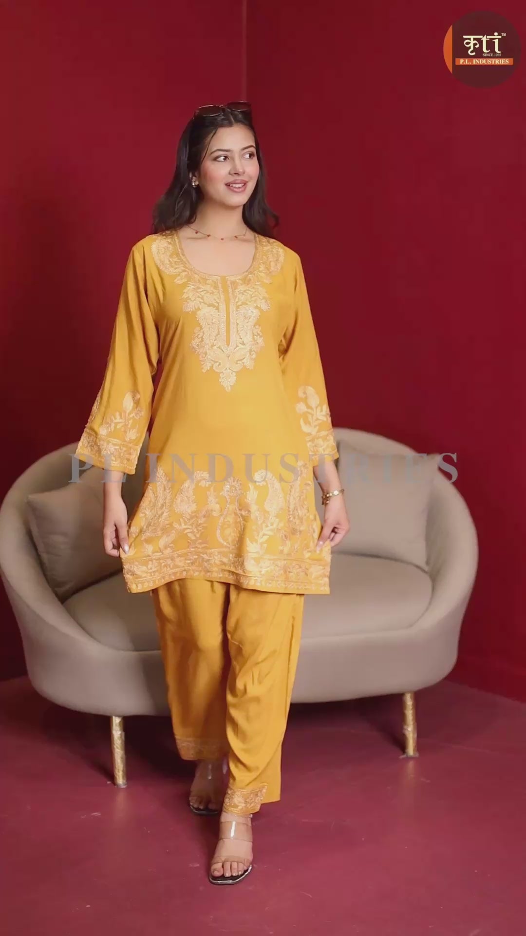 Kashmiri Embroidered Rayon Co-Ord Set - Mustard