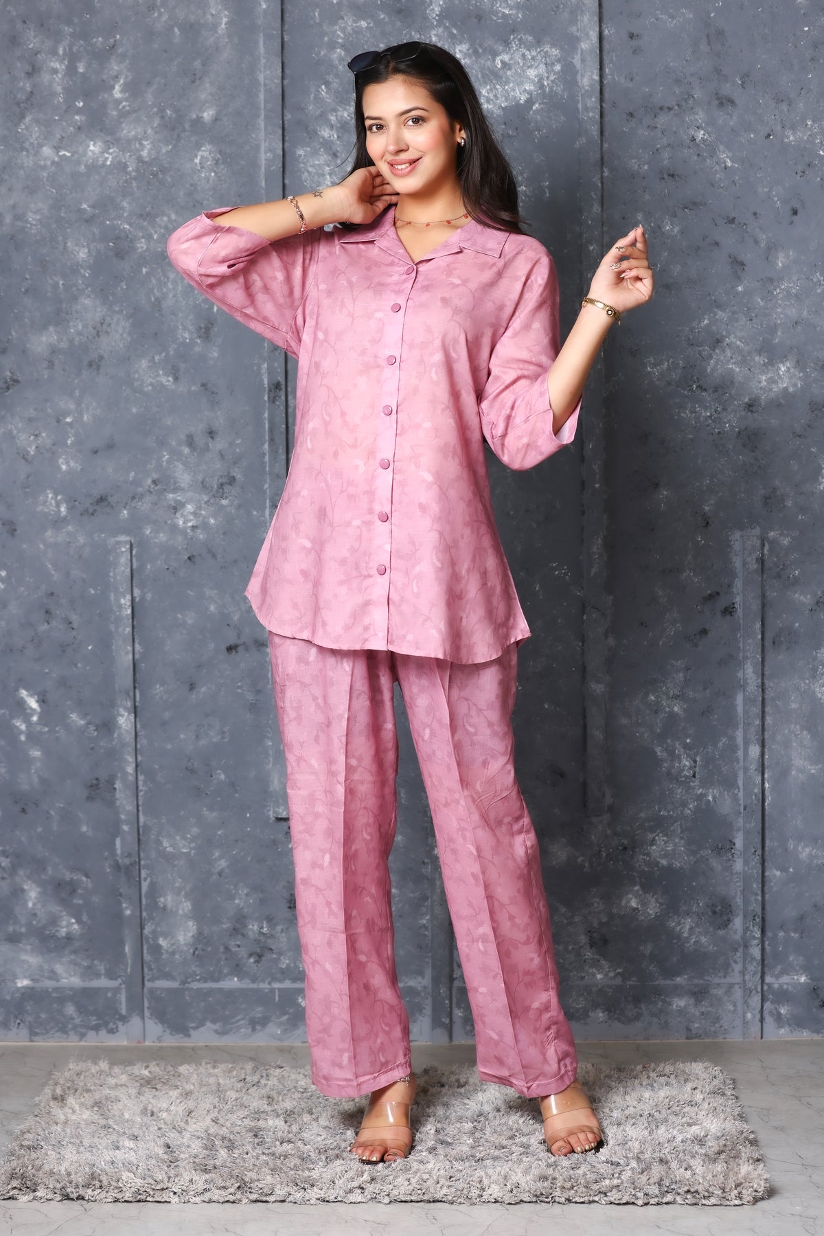 Collard Rayon Cotton Co-Ord Set - Pink