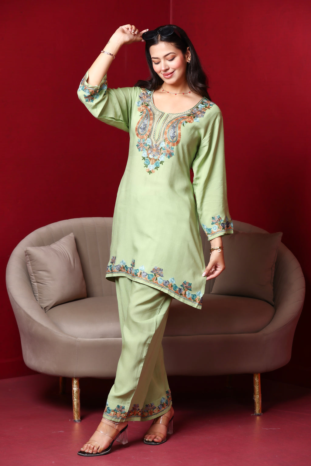Olive Kashmiri Embroidered Rayon Cotton Co-Ord Set