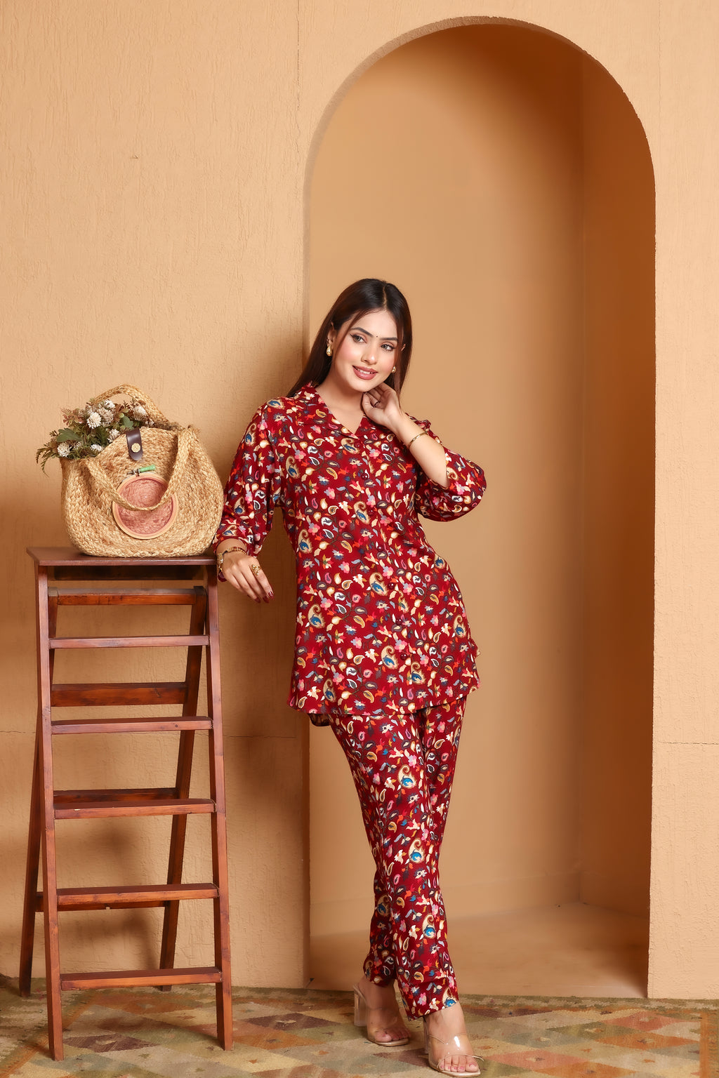 Paisley Printed Rayon Cotton Co-Ord Set - Maroon