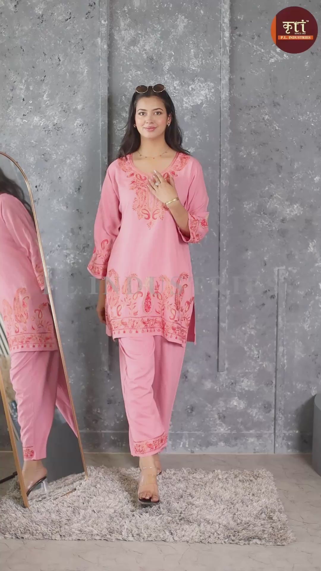 Kashmiri Embroidered Rayon Co-Ord Set - Peach