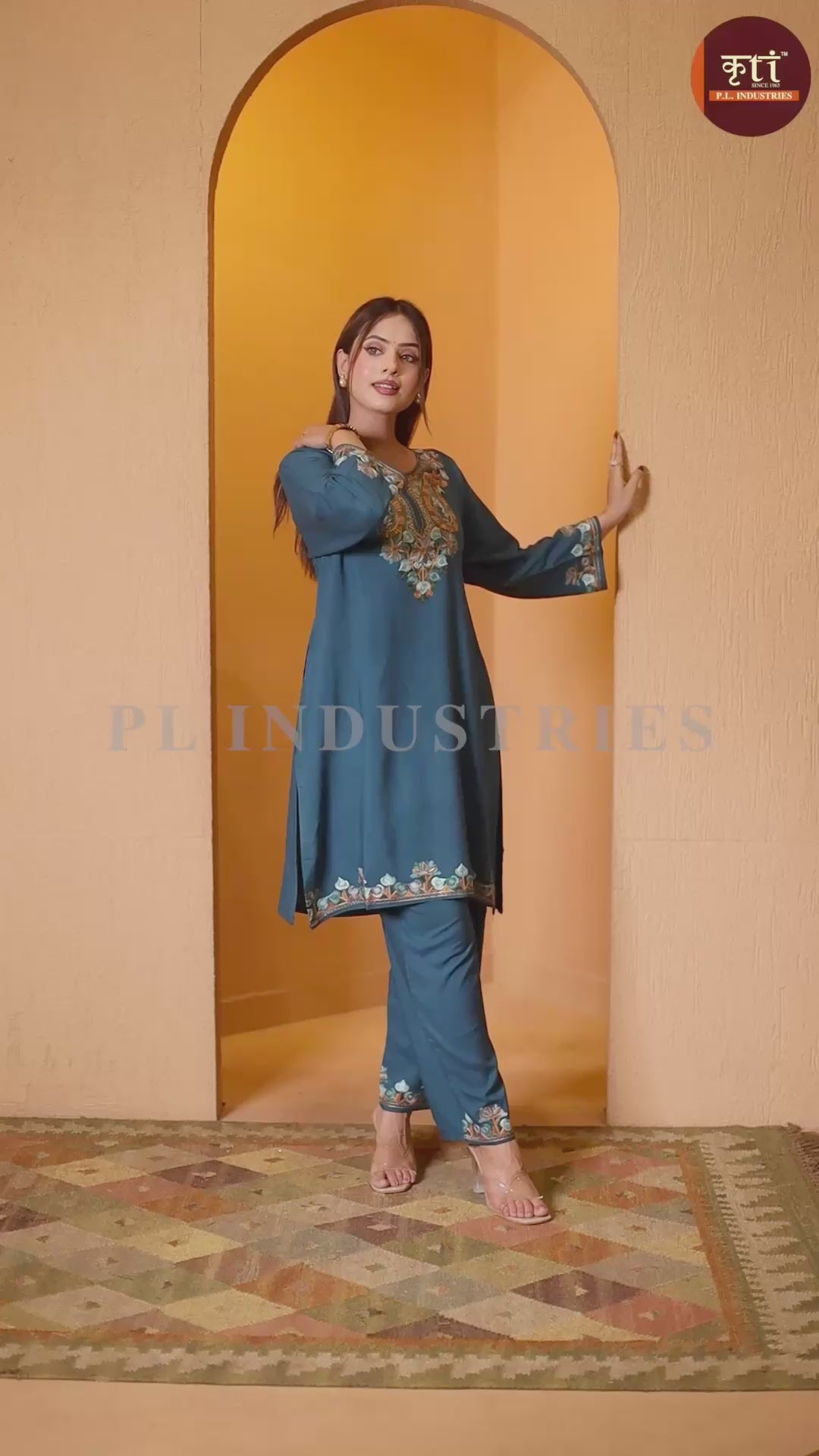 Navy Kashmiri Embroidered Rayon Cotton Co-Ord Set