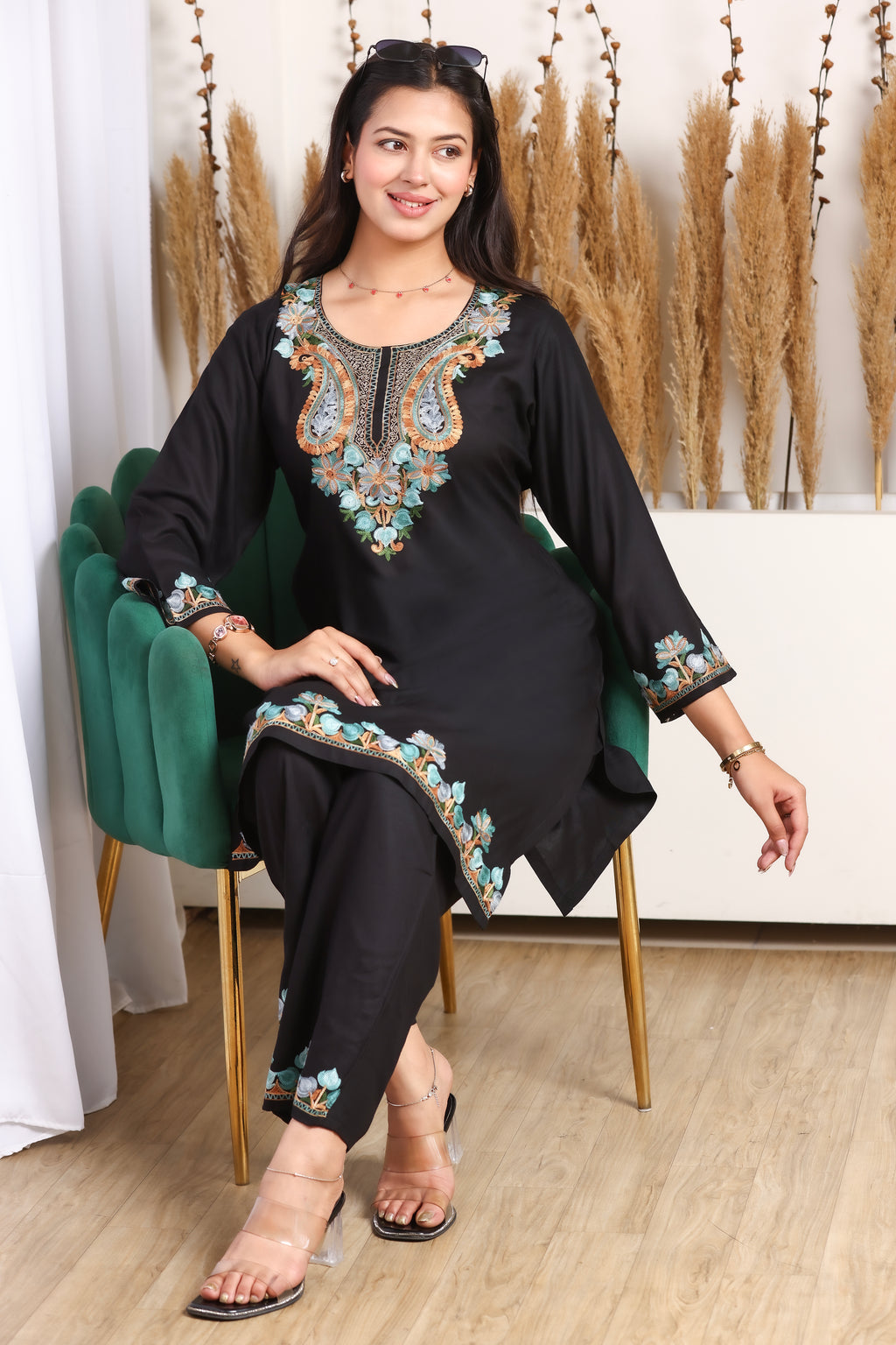 Kashmiri Embroidered Rayon Co-Ord Set - Black