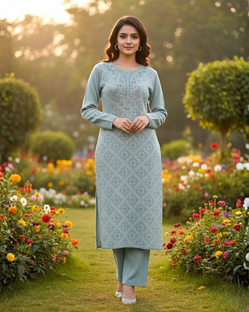 KRITI Women’s Woollen 3-Piece Embroidered Kurti Set with Bottom & Stole – Premium Winterwear | Soft Knitted Kurti, Bottom & Stole Suit Set Seafoam Green Color | M-XXL Size