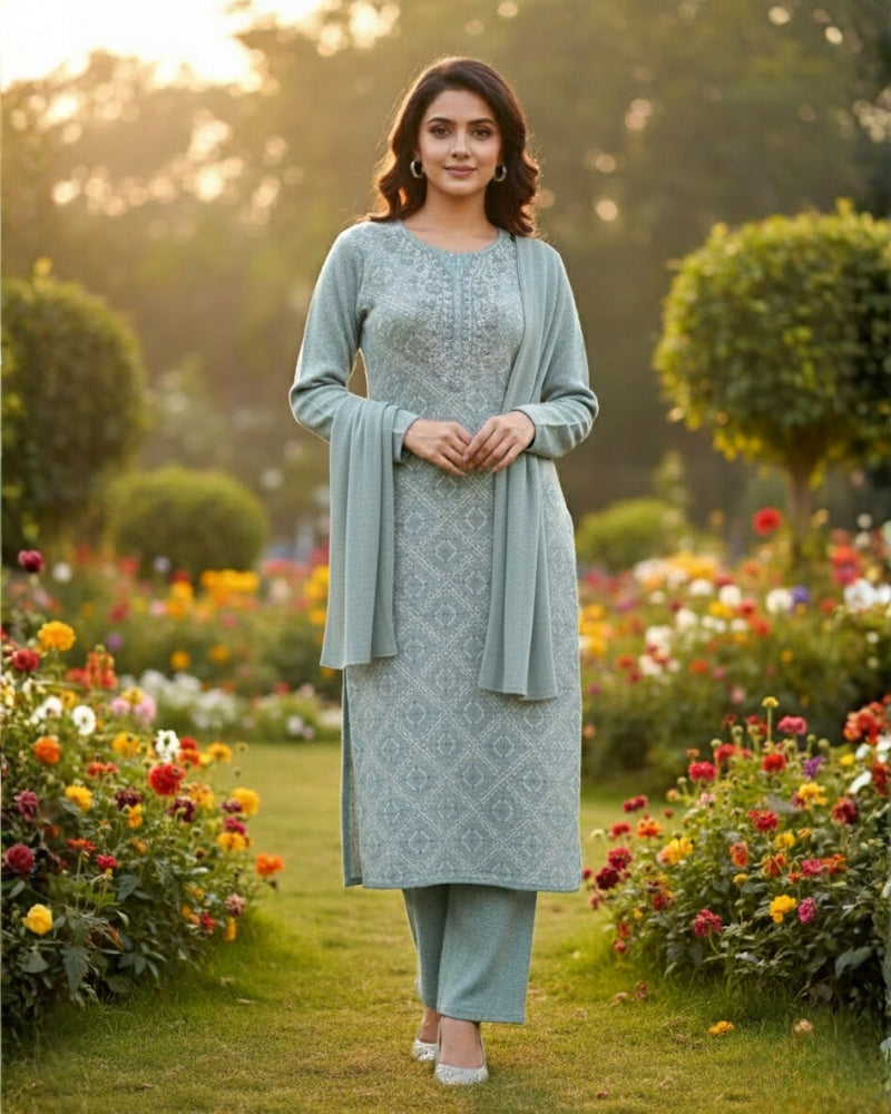 KRITI Women’s Woollen 3-Piece Embroidered Kurti Set with Bottom & Stole – Premium Winterwear | Soft Knitted Kurti, Bottom & Stole Suit Set Seafoam Green Color | M-XXL Size