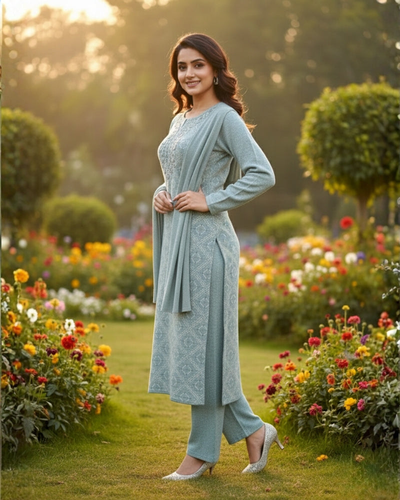 KRITI Women’s Woollen 3-Piece Embroidered Kurti Set with Bottom & Stole – Premium Winterwear | Soft Knitted Kurti, Bottom & Stole Suit Set Seafoam Green Color | M-XXL Size