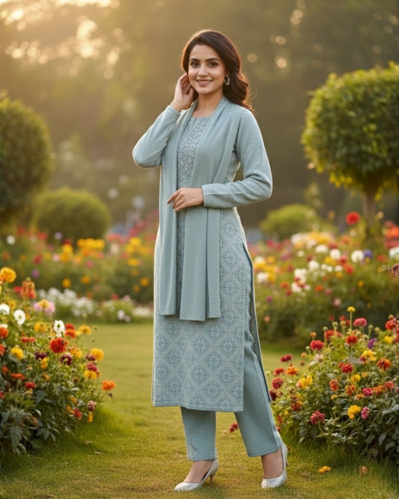 KRITI Women’s Woollen 3-Piece Embroidered Kurti Set with Bottom & Stole – Premium Winterwear | Soft Knitted Kurti, Bottom & Stole Suit Set Seafoam Green Color | M-XXL Size