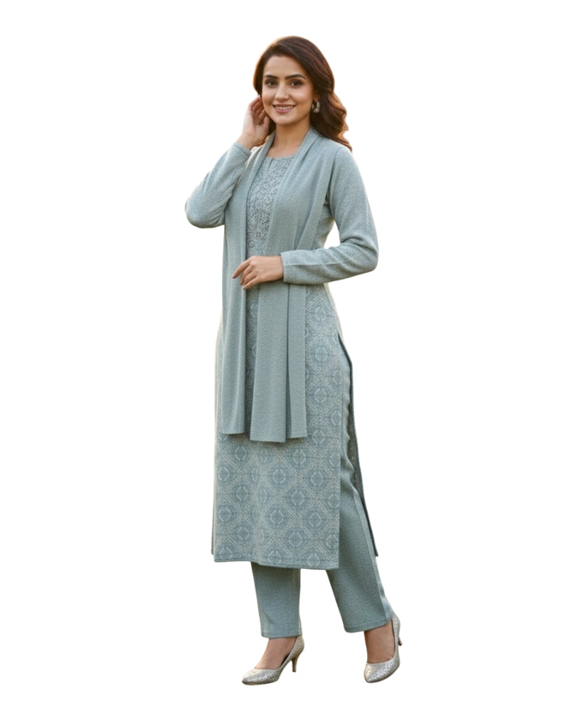 KRITI Women’s Woollen 3-Piece Embroidered Kurti Set with Bottom & Stole – Premium Winterwear | Soft Knitted Kurti, Bottom & Stole Suit Set Seafoam Green Color | M-XXL Size