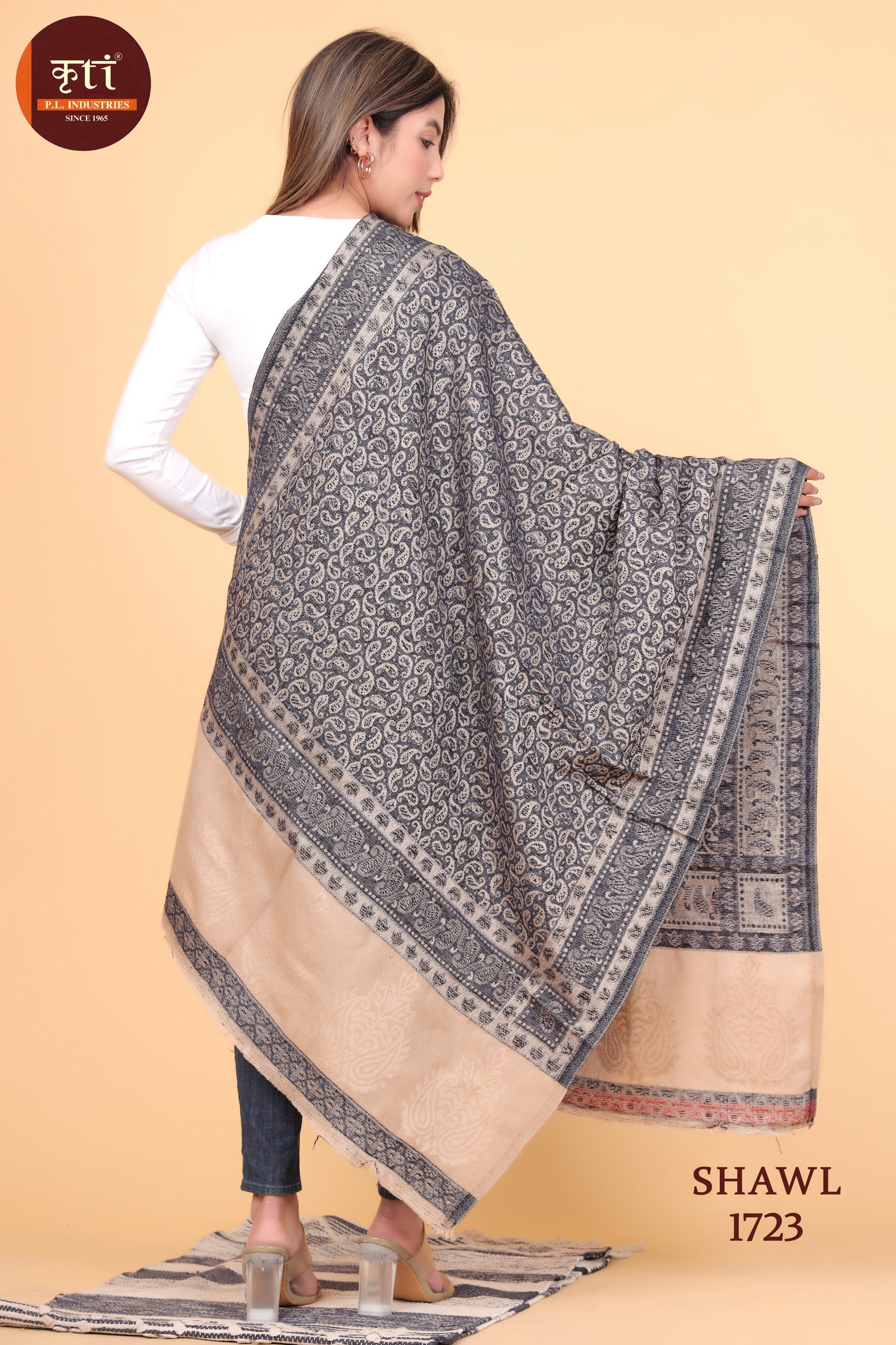 KRITI Floral Pattern Wool Black Beige Color Shaw For Women