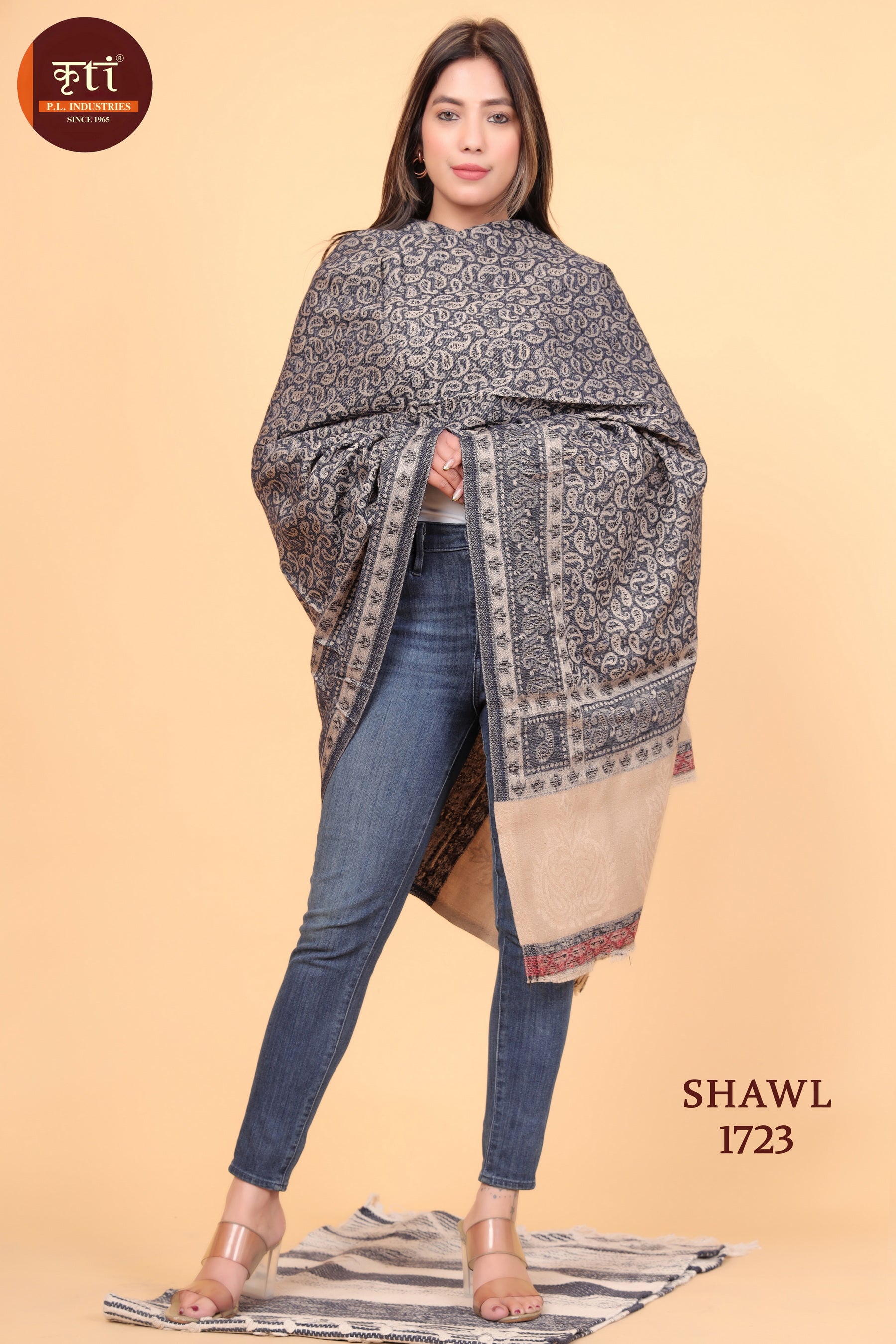 KRITI Floral Pattern Wool Black Beige Color Shaw For Women