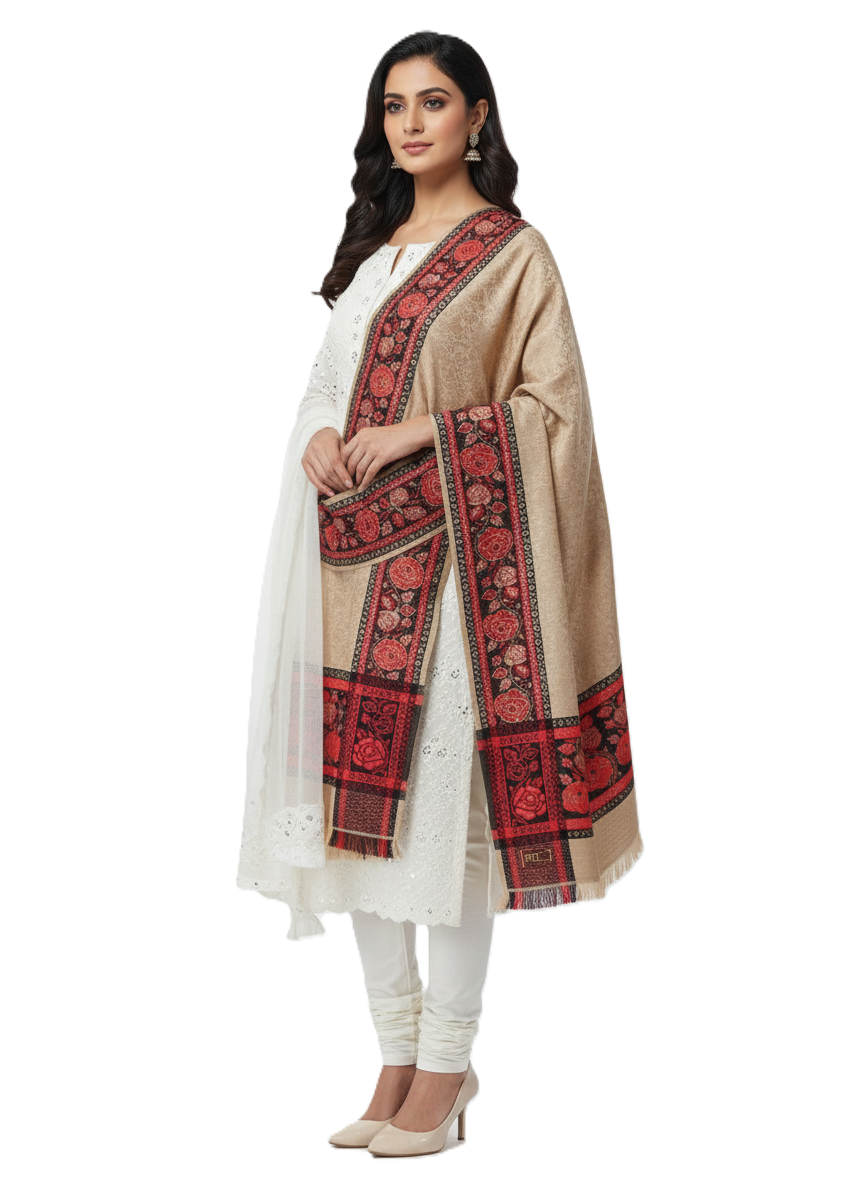 KRITI Border Design Woolen Camel Color Shawl for Women