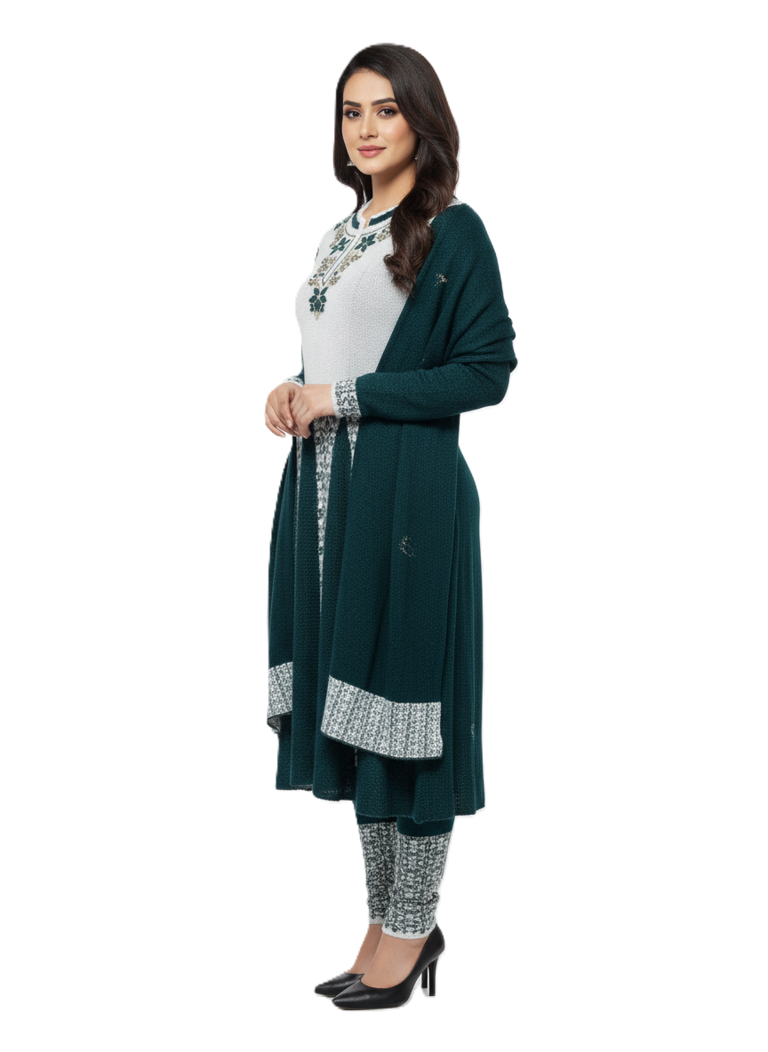 Winter Embroidered 3 PC Kurti Set - Teal