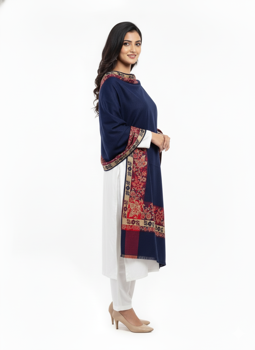 KRITI Border Design Woolen Navy Blue  Color Shawl for Women