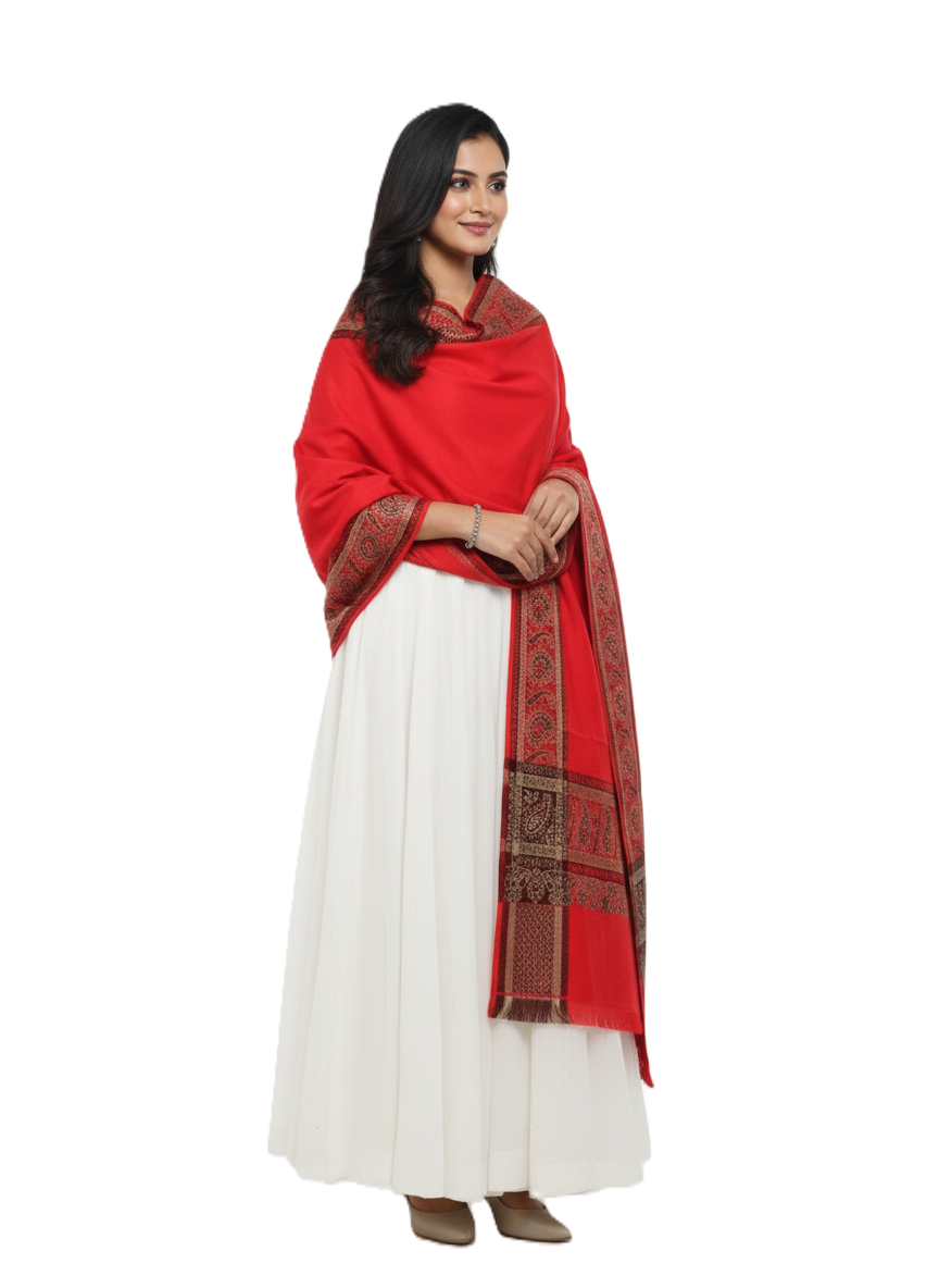 Woolen shawl with border detailing- Red