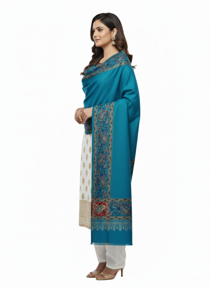 KRITI Border Design Woolen Turquoise Color Shawl for Women