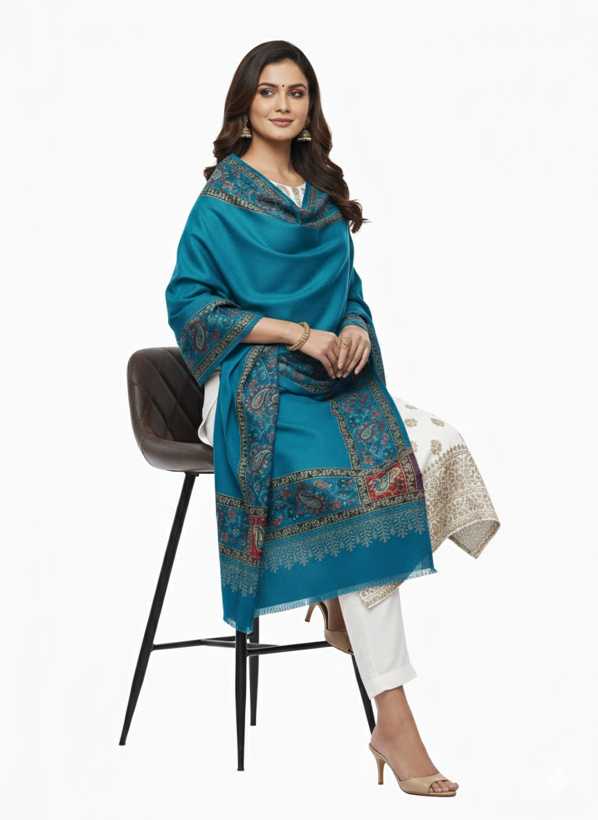 KRITI Border Design Woolen Turquoise Color Shawl for Women