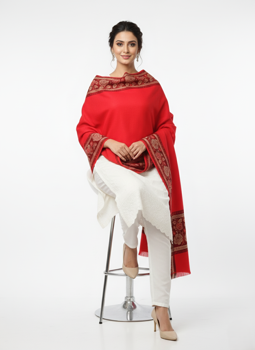 KRITI Border Design Woolen Red Color Shawl for Women
