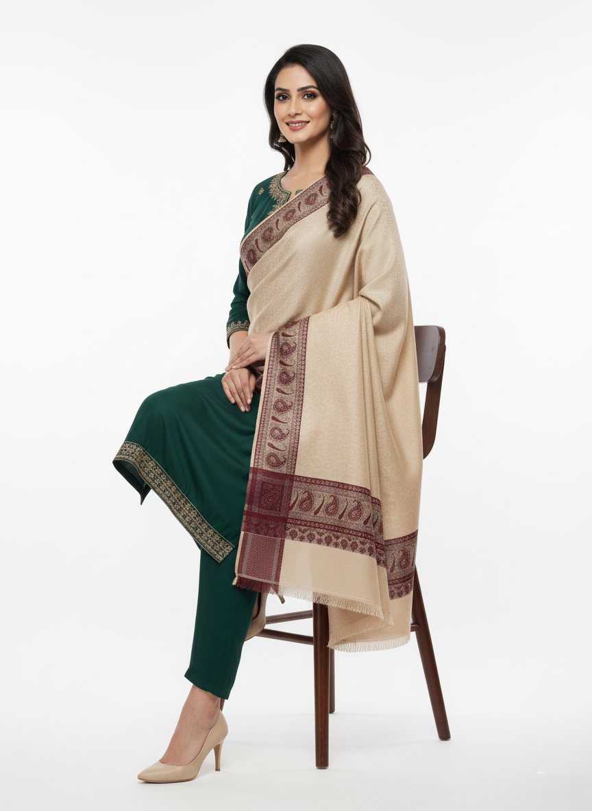 KRITI Border Design Woolen Camel Color Shawl for Women