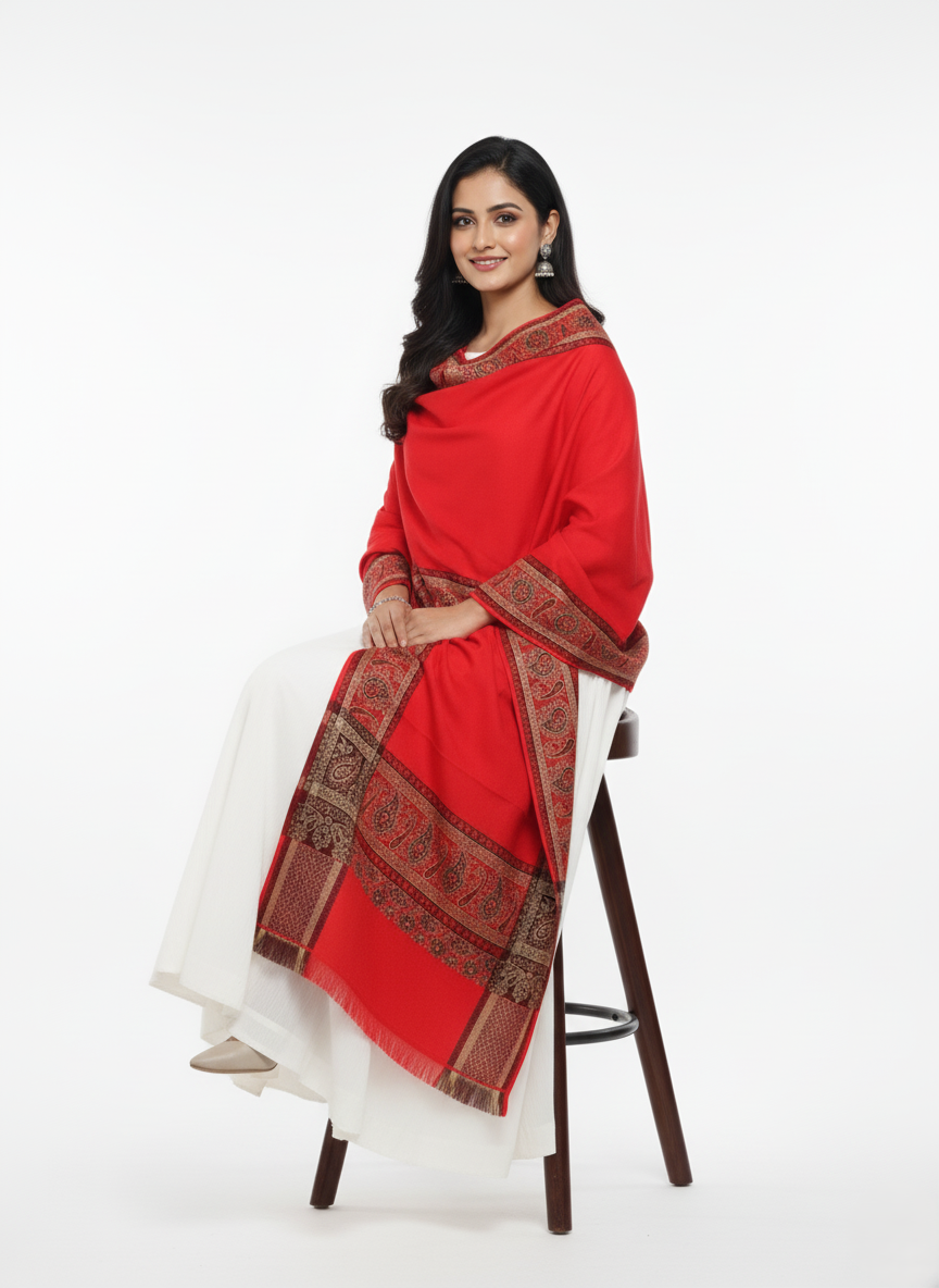 Woolen shawl with border detailing- Red