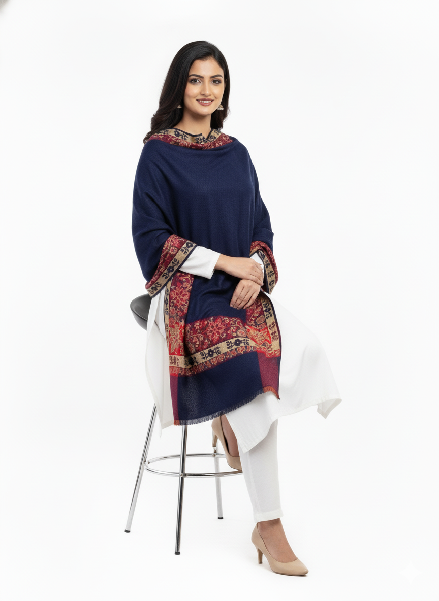 KRITI Border Design Woolen Navy Blue  Color Shawl for Women