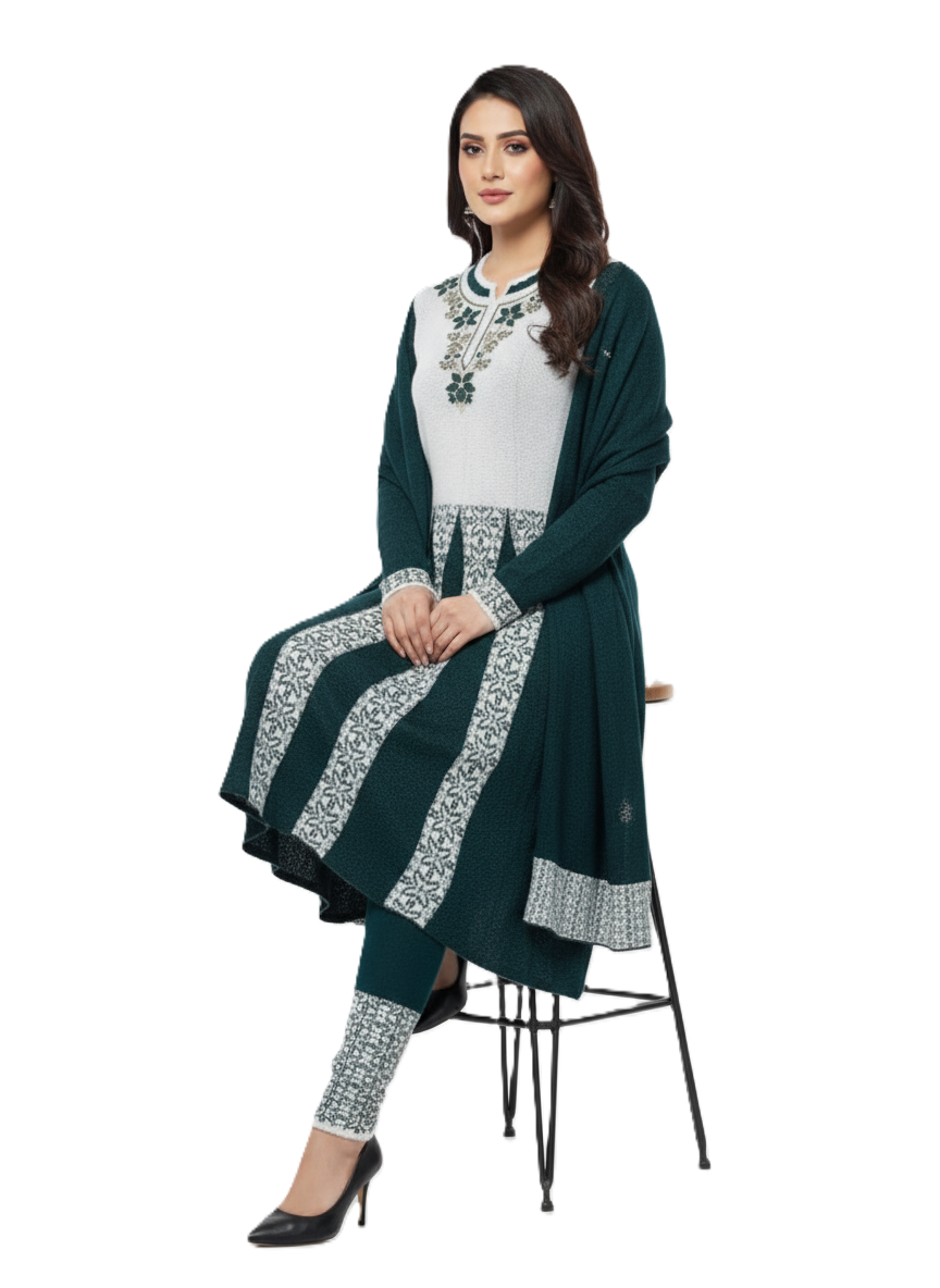 Winter Embroidered 3 PC Kurti Set - Teal