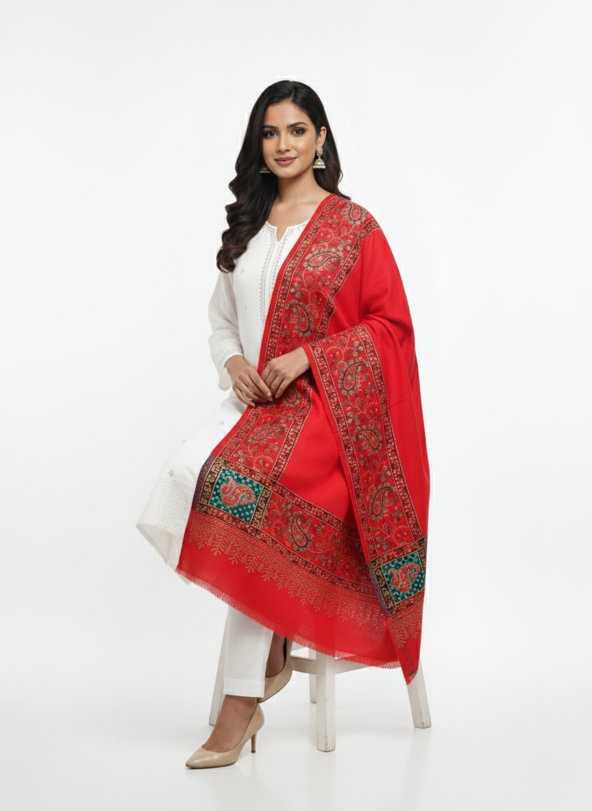 KRITI Border Design Woolen Red Color Shawl for Women