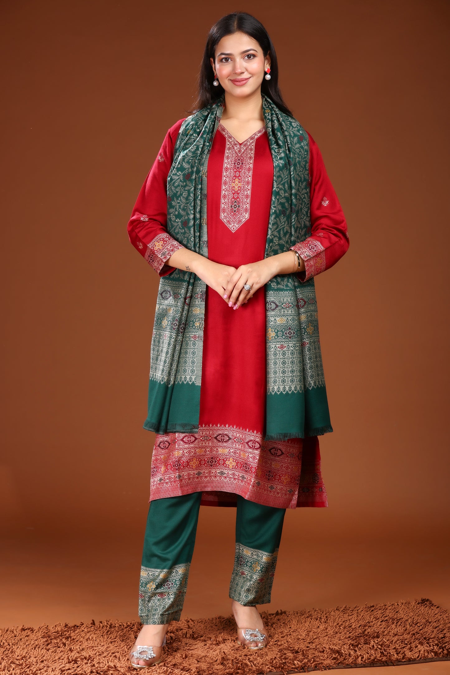 KRITI  Woolen Unstitched Suit Set Weaving Design Maroon Color For Women