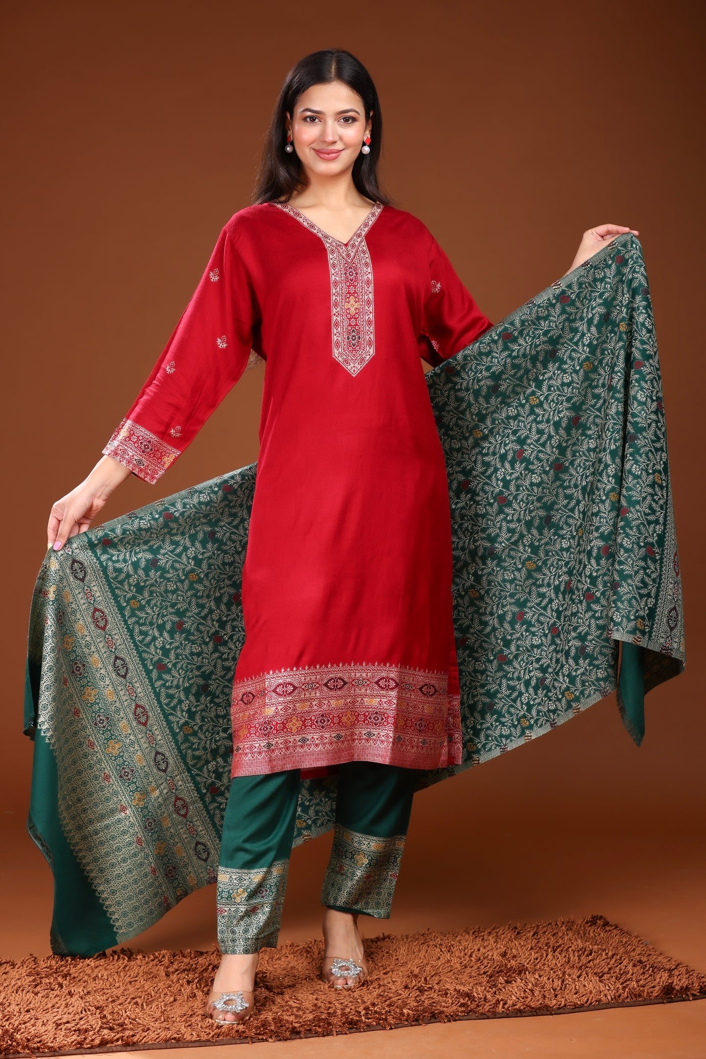 KRITI  Woolen Unstitched Suit Set Weaving Design Maroon Color For Women