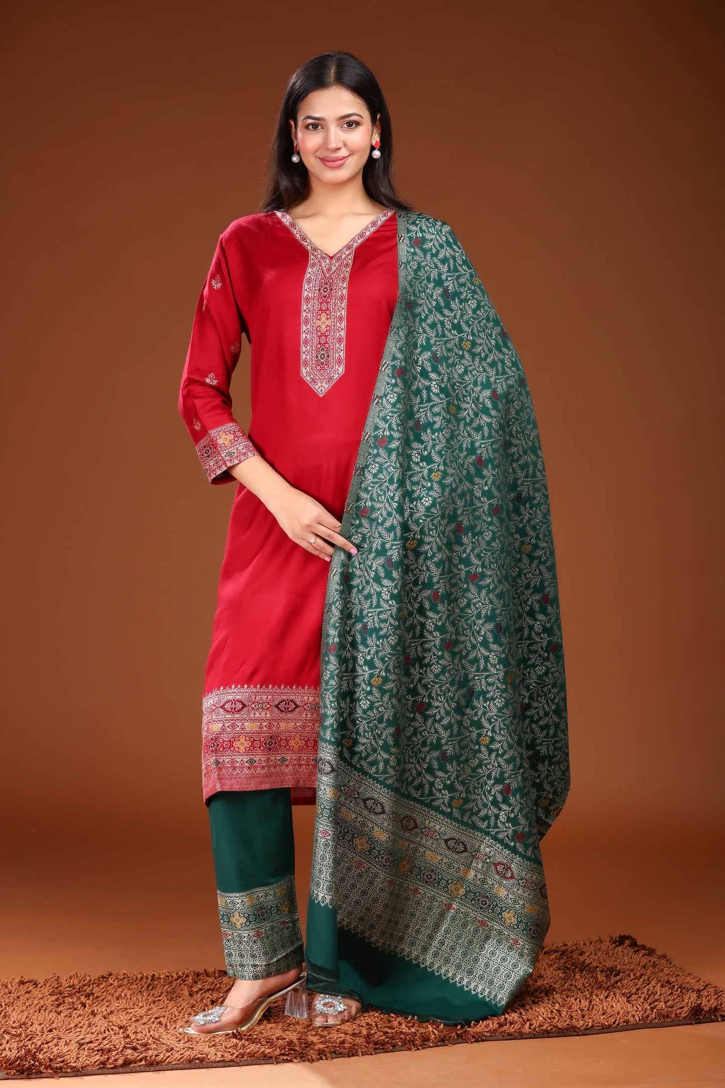 KRITI  Woolen Unstitched Suit Set Weaving Design Maroon Color For Women