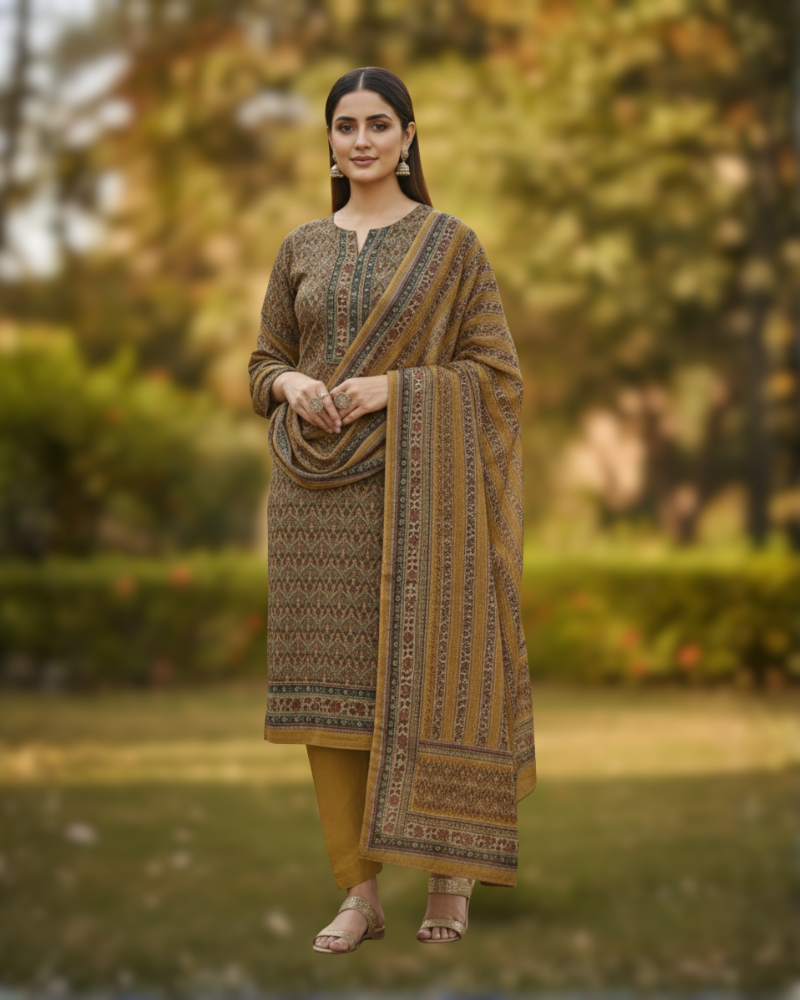 KRITI Winter Woolen Unstitched Suit Mustard Color For Women