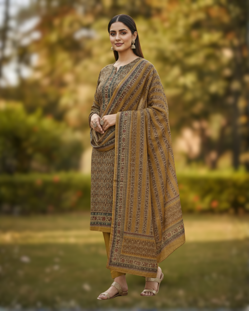 KRITI Winter Woolen Unstitched Suit Mustard Color For Women