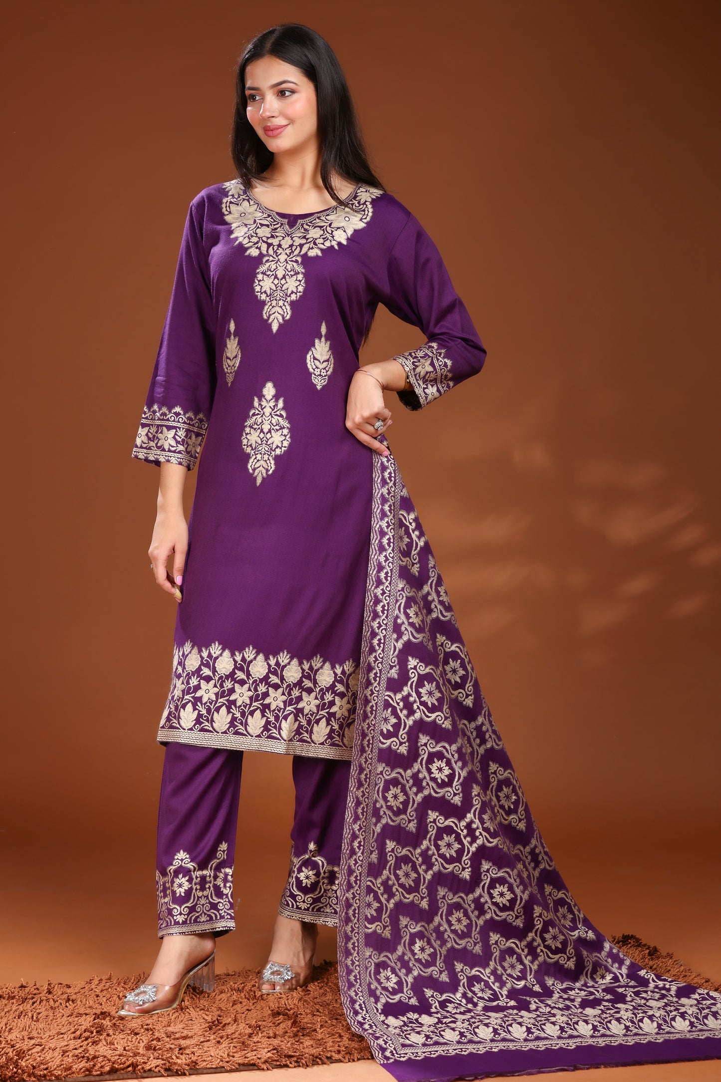 KRITI Woolen Unstitched Suit Set Weaving Design Purple Color For Women