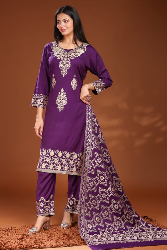 KRITI Woolen Unstitched Suit Set Weaving Design Purple Color For Women