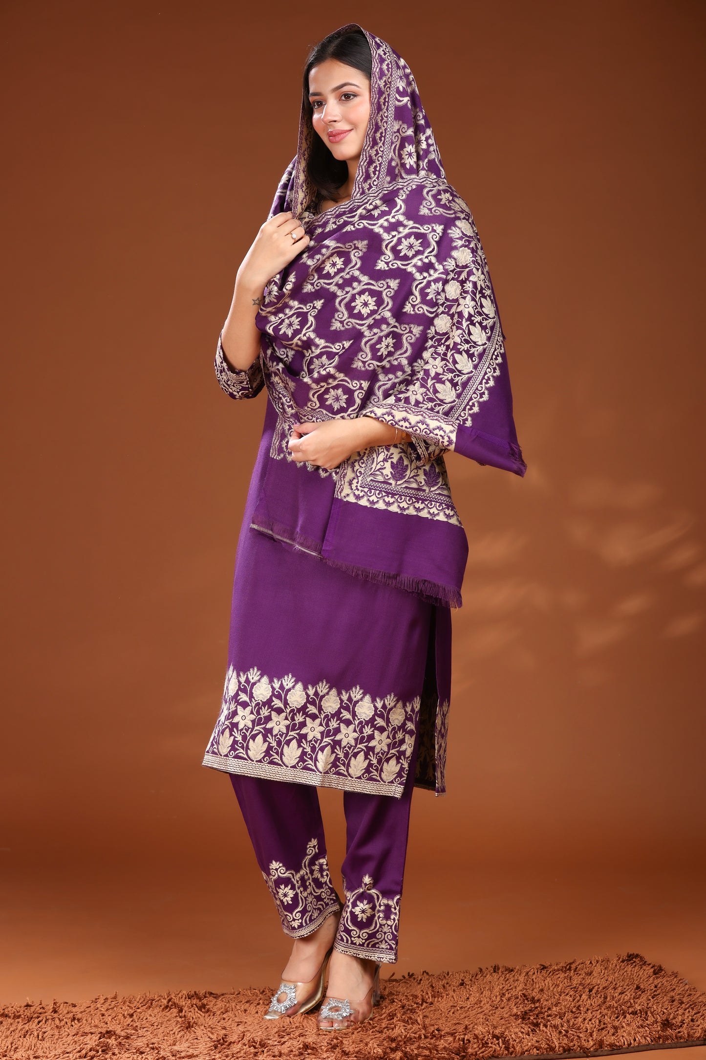 KRITI Woolen Unstitched Suit Set Weaving Design Purple Color For Women