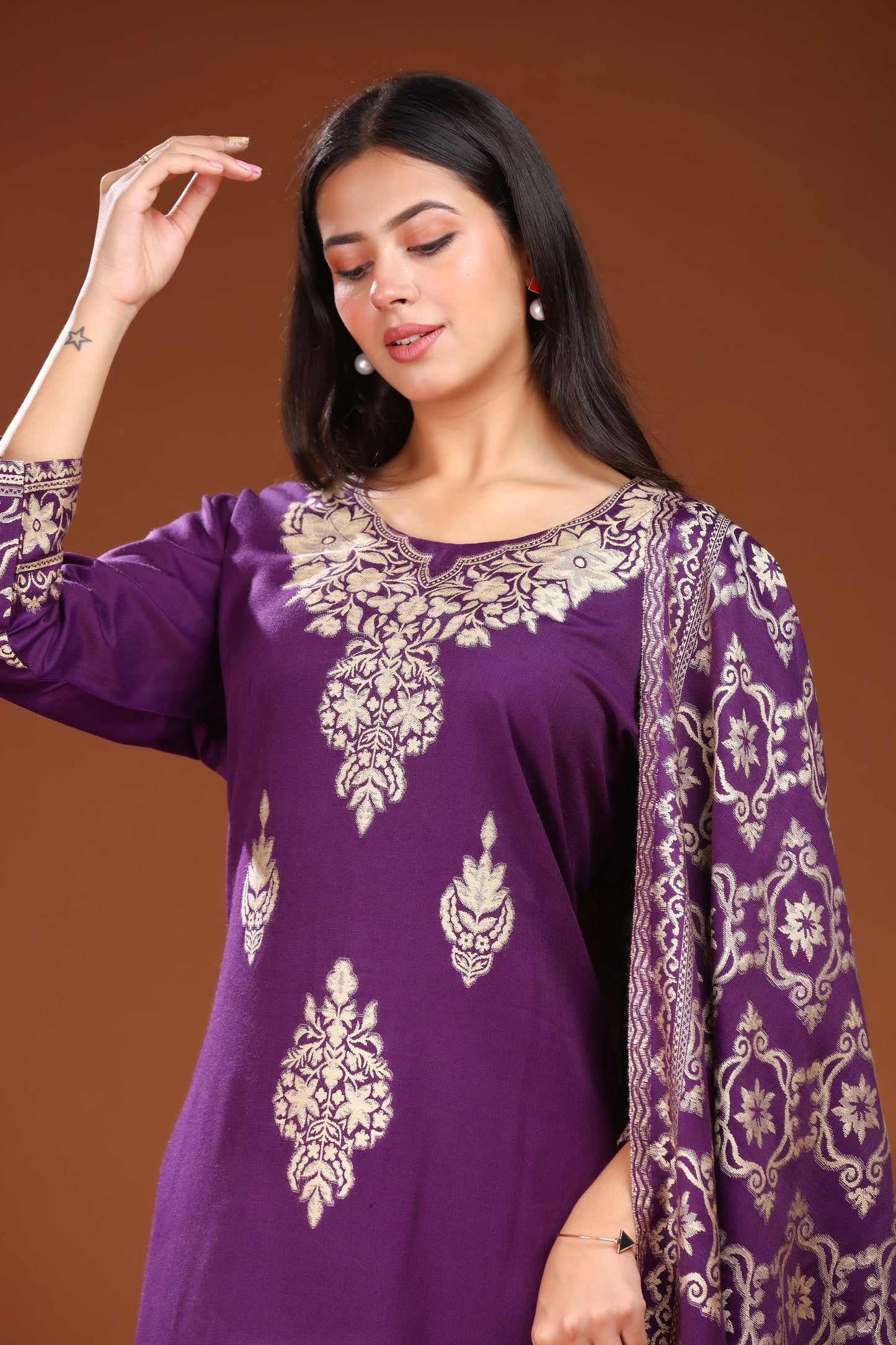 KRITI Woolen Unstitched Suit Set Weaving Design Purple Color For Women