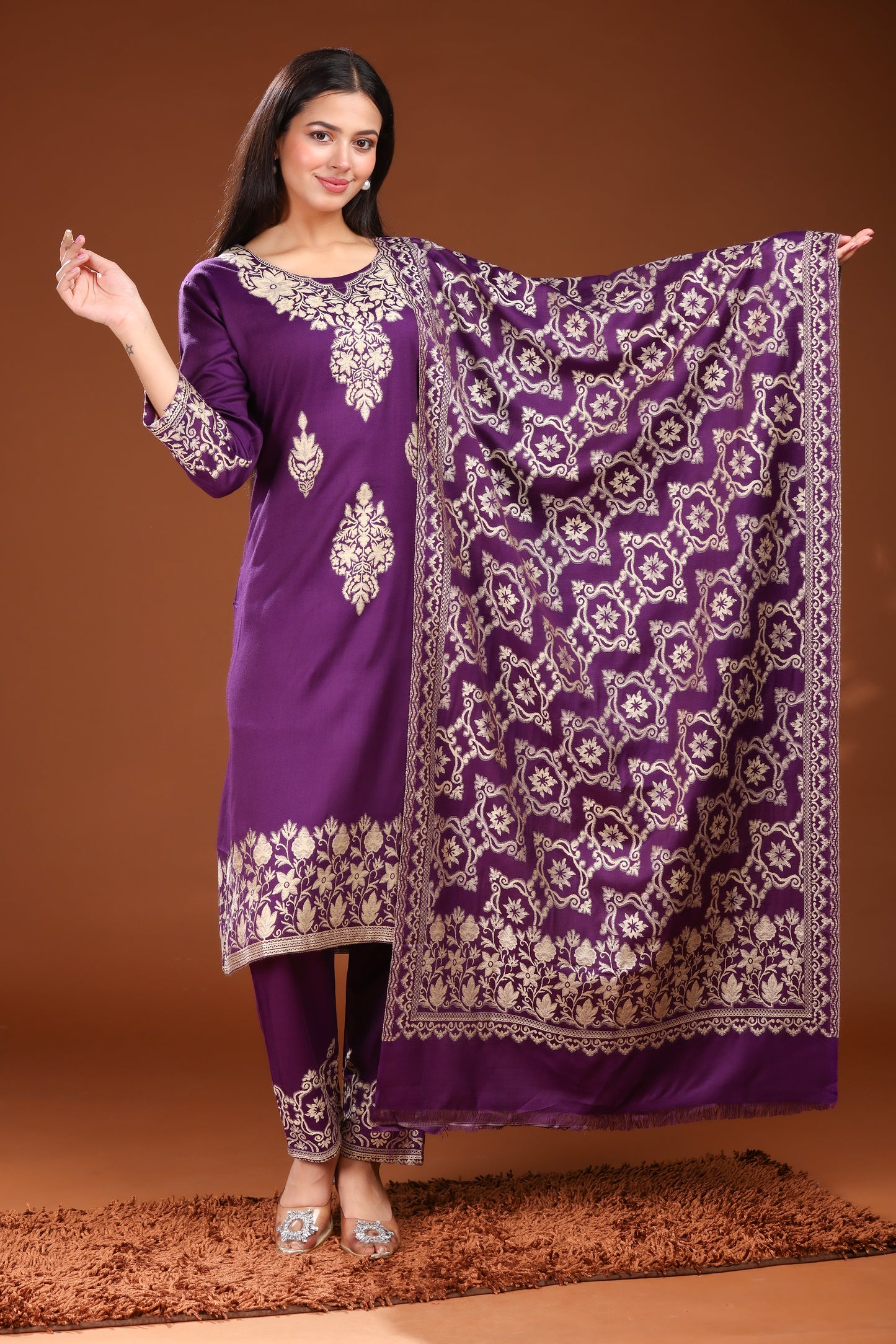 KRITI Woolen Unstitched Suit Set Weaving Design Purple Color For Women