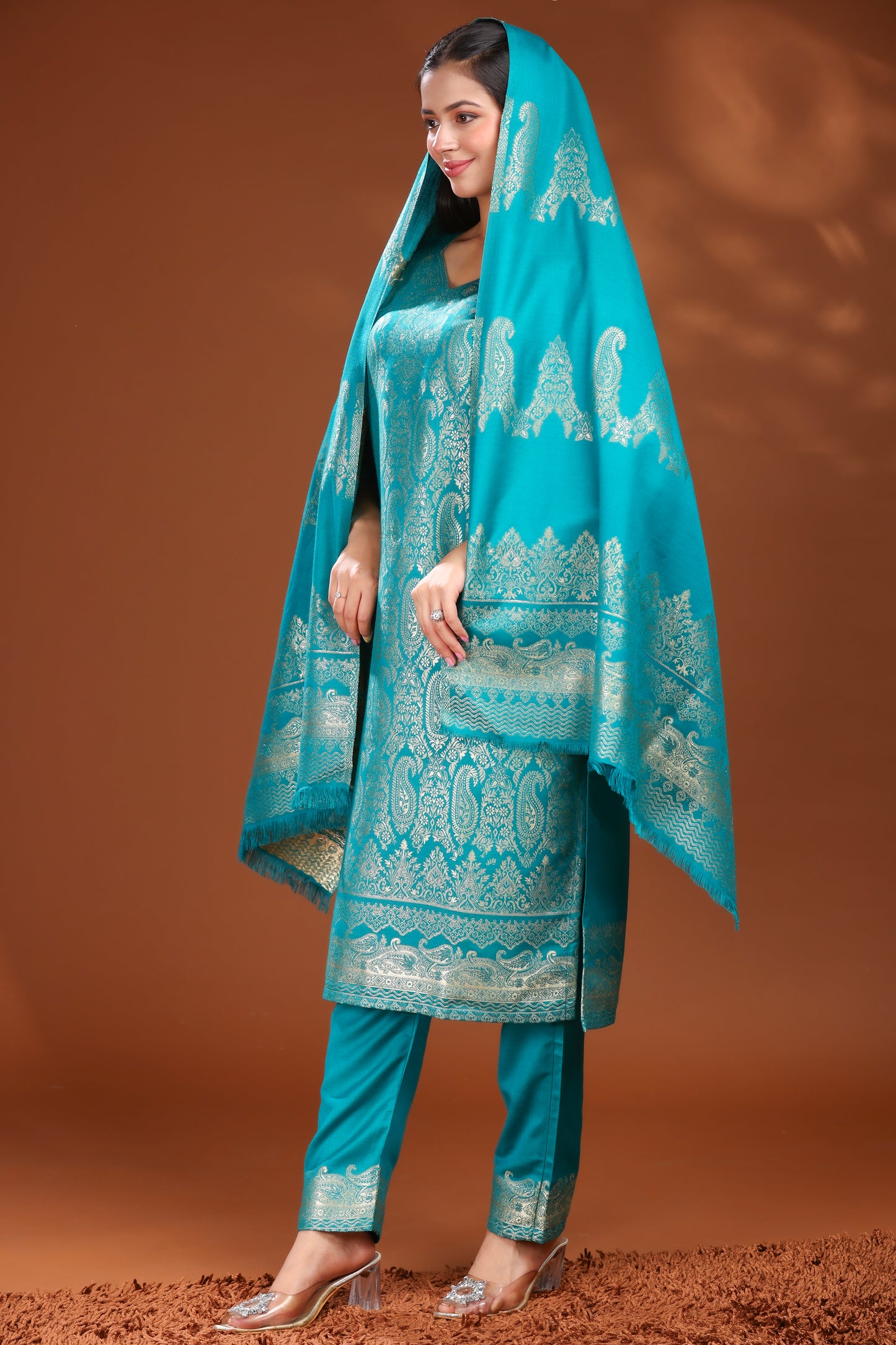 KRITI Woolen Unstitched Suit Set Weaving Design Teal Color For Women
