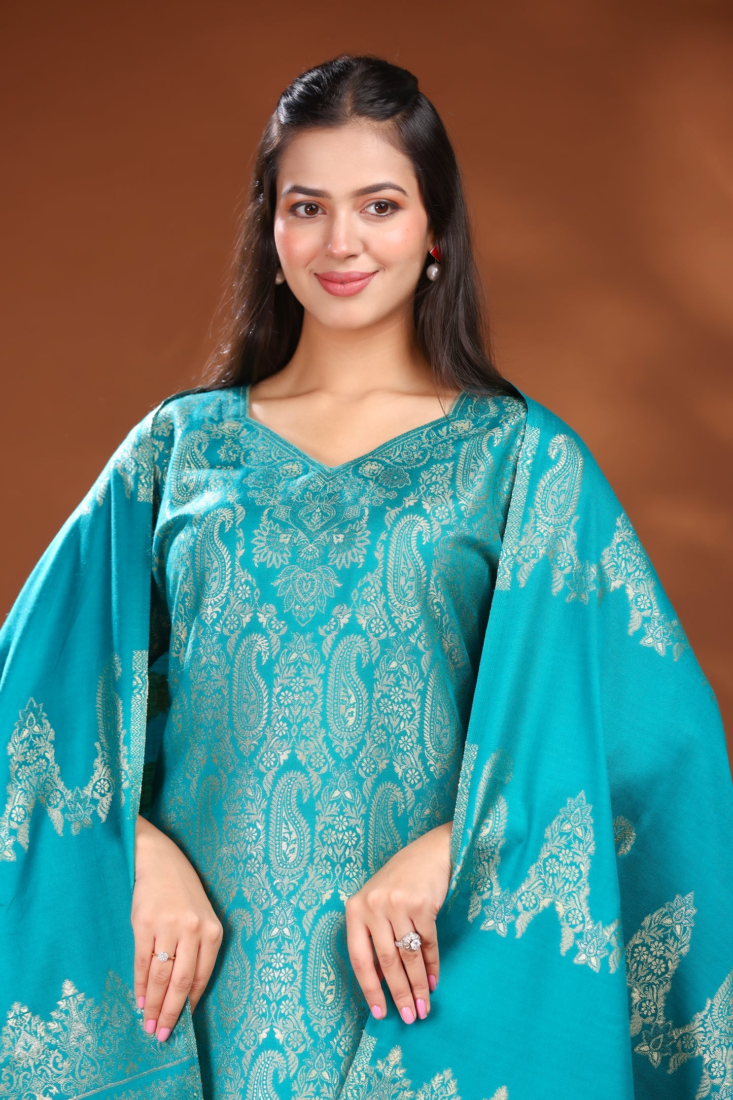 KRITI Woolen Unstitched Suit Set Weaving Design Teal Color For Women