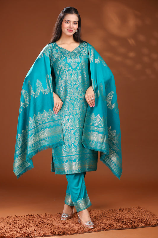 KRITI Woolen Unstitched Suit Set Weaving Design Teal Color For Women