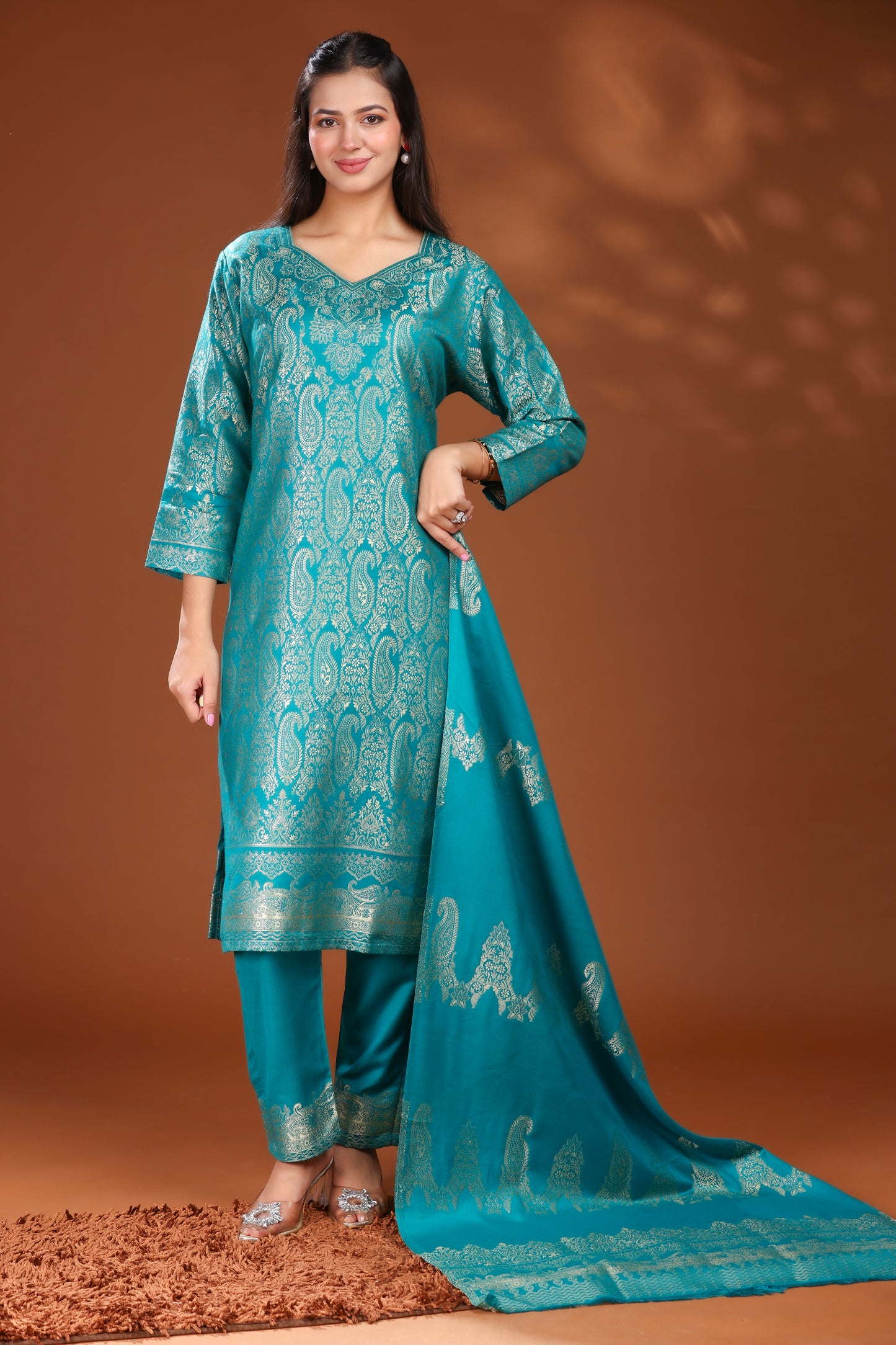 KRITI Woolen Unstitched Suit Set Weaving Design Teal Color For Women