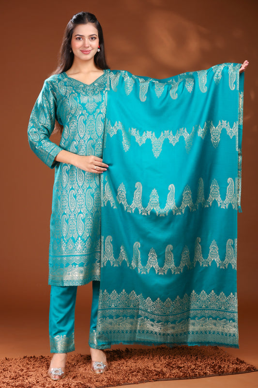 KRITI Woolen Unstitched Suit Set Weaving Design Teal Color For Women