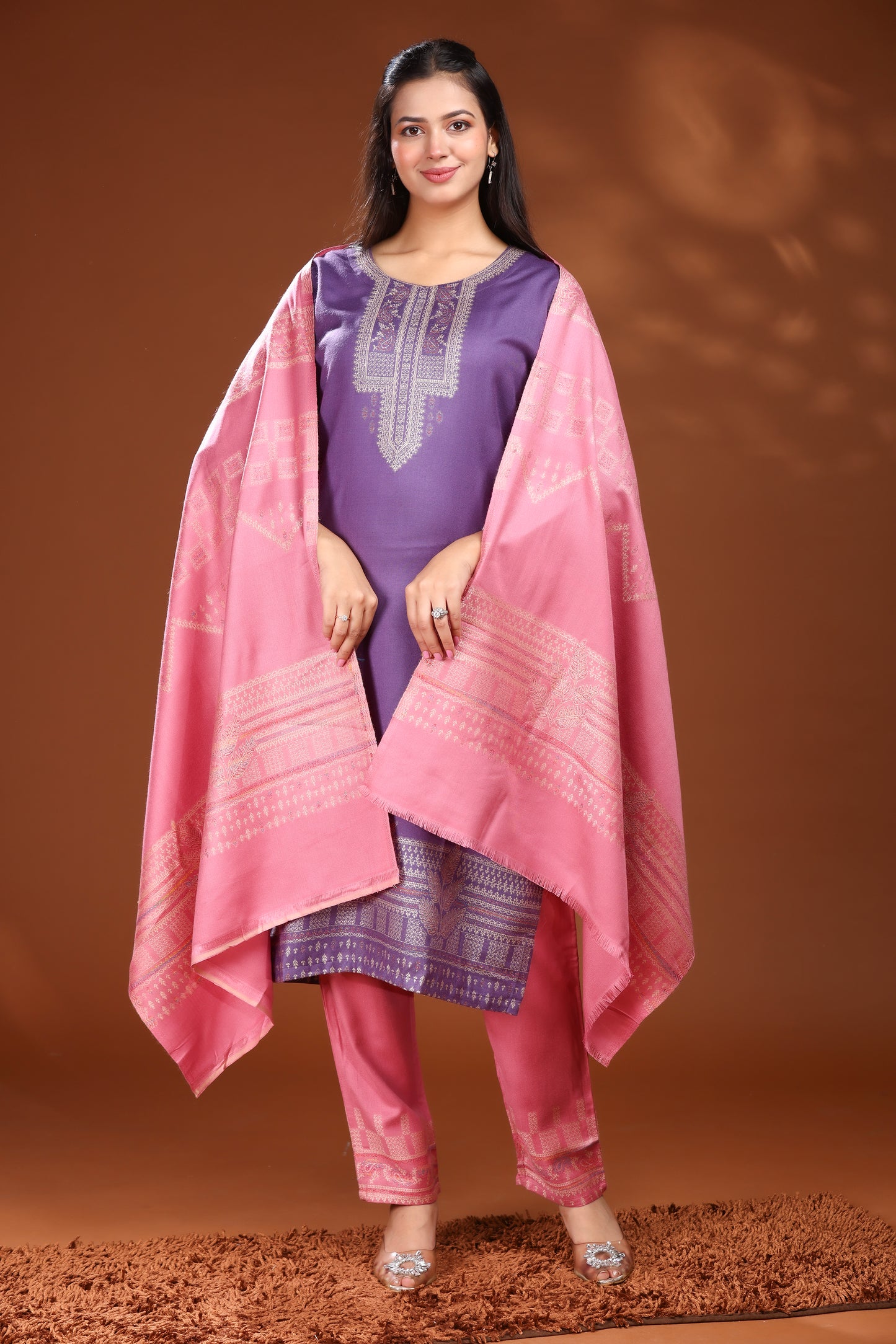 KRITI Woolen Unstitched Suit Set Weaving Design Purple Color For Women