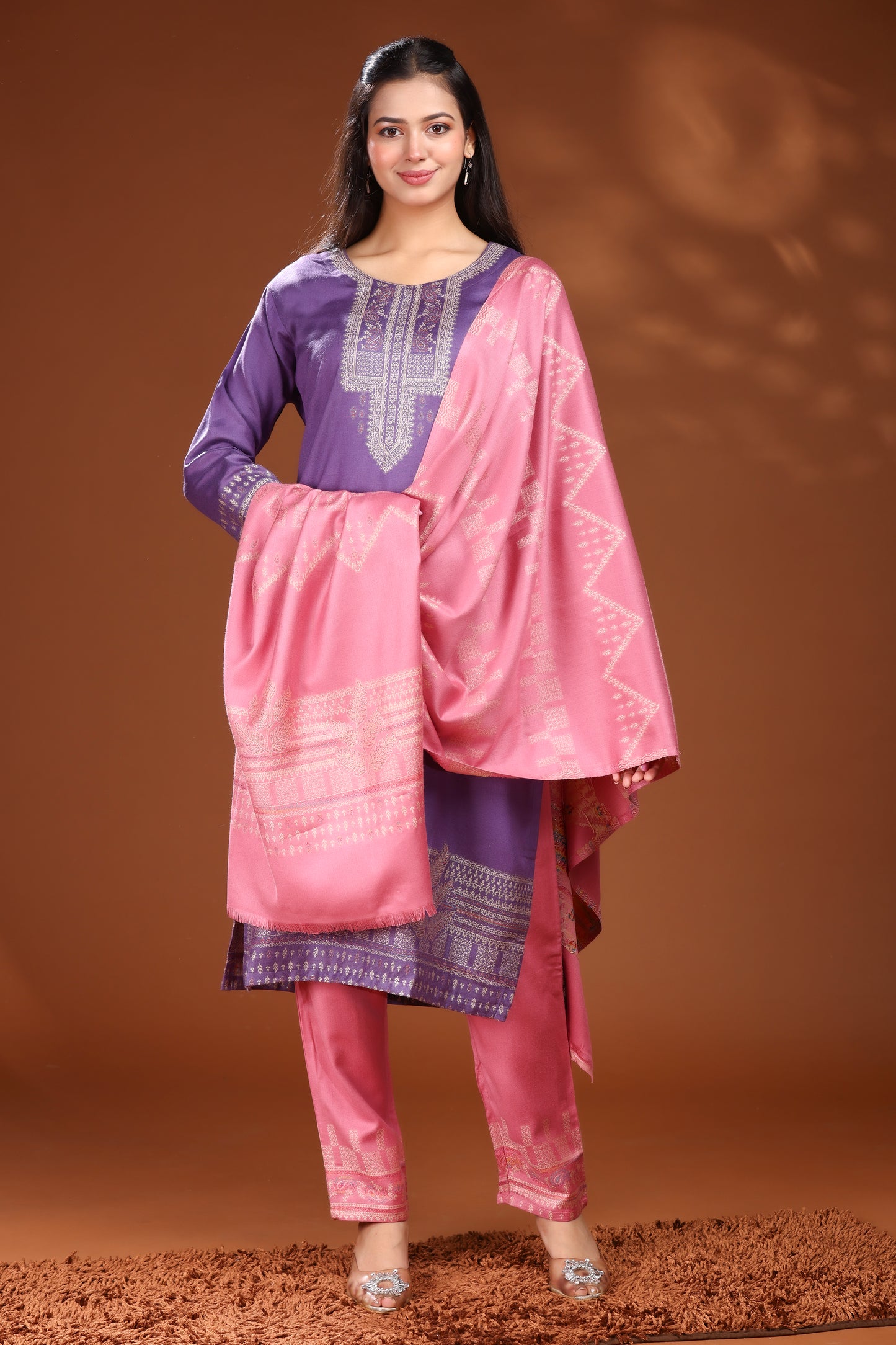 KRITI Woolen Unstitched Suit Set Weaving Design Purple Color For Women