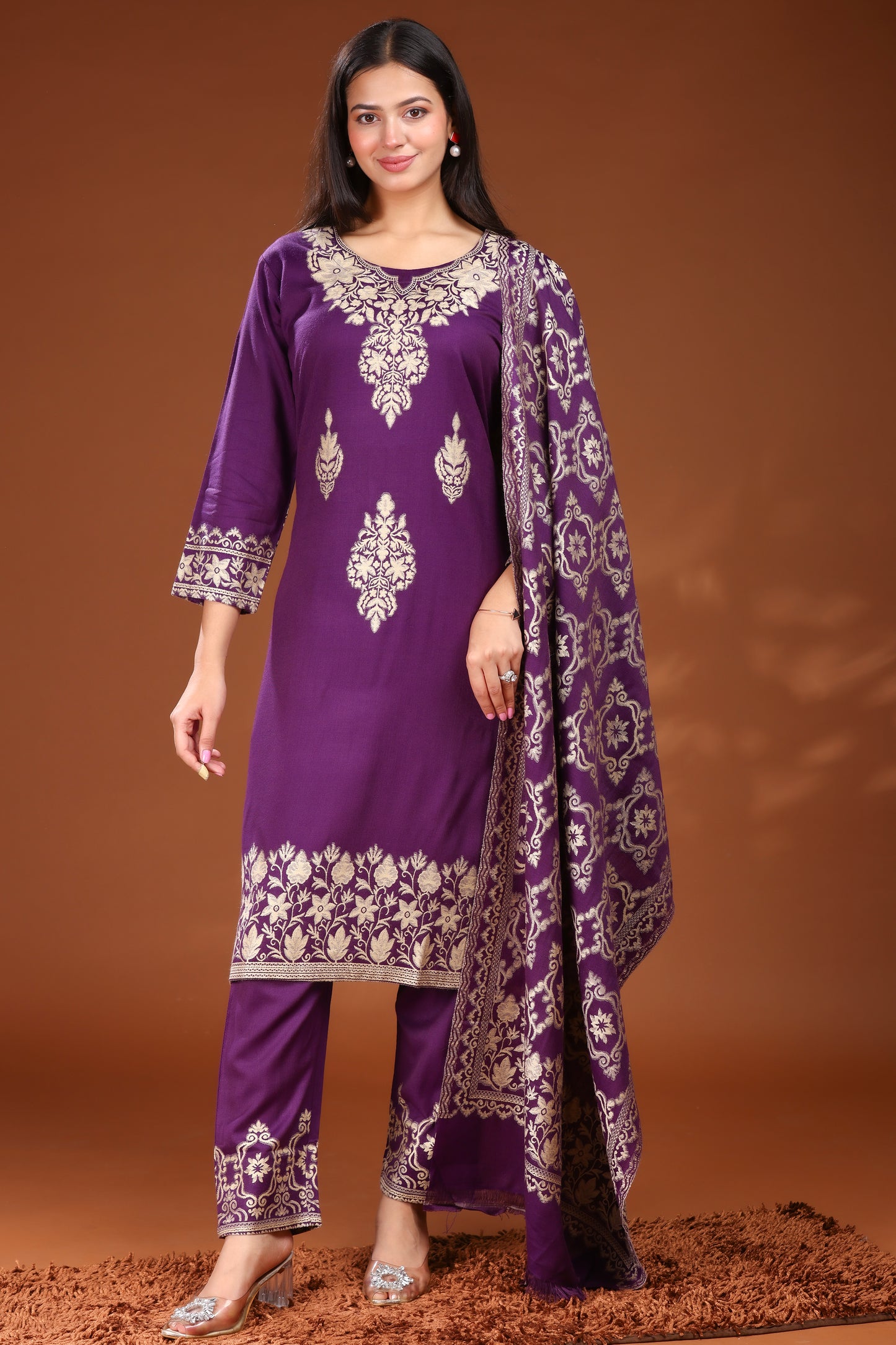 KRITI Woolen Unstitched Suit Set Weaving Design Purple Color For Women