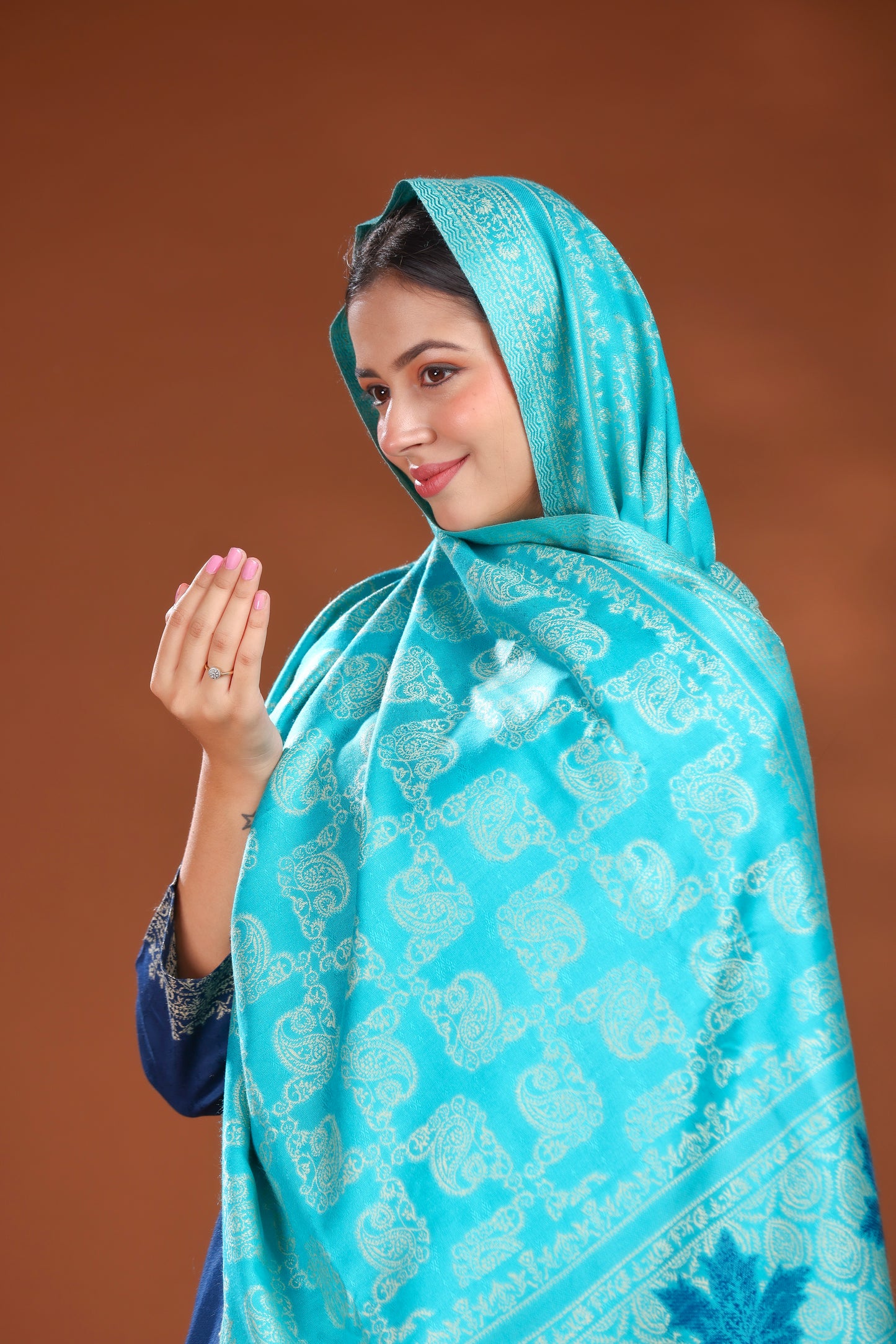 KRITI Woolen Unstitched Winter Suit with  Paisley Weave Blue Color For Women