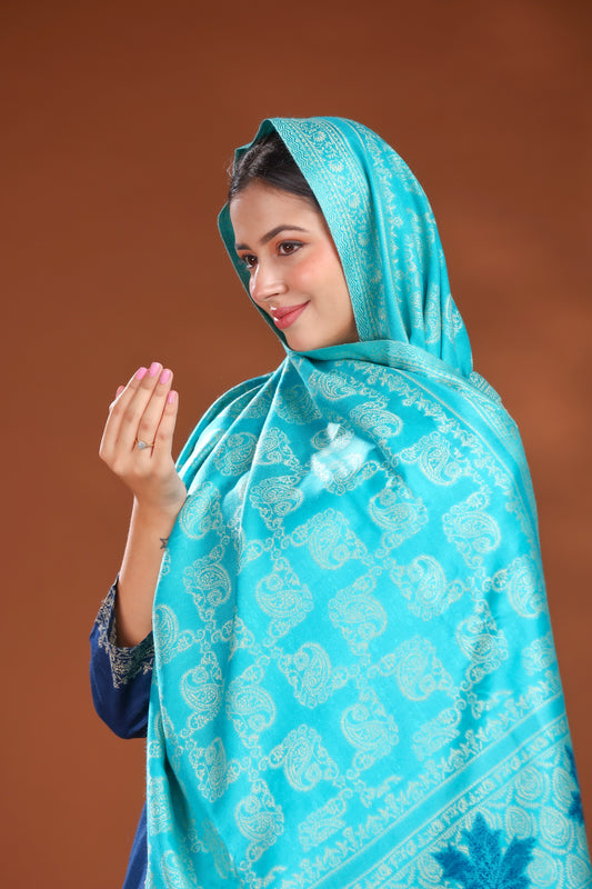 KRITI Woolen Unstitched Winter Suit with  Paisley Weave Blue Color For Women