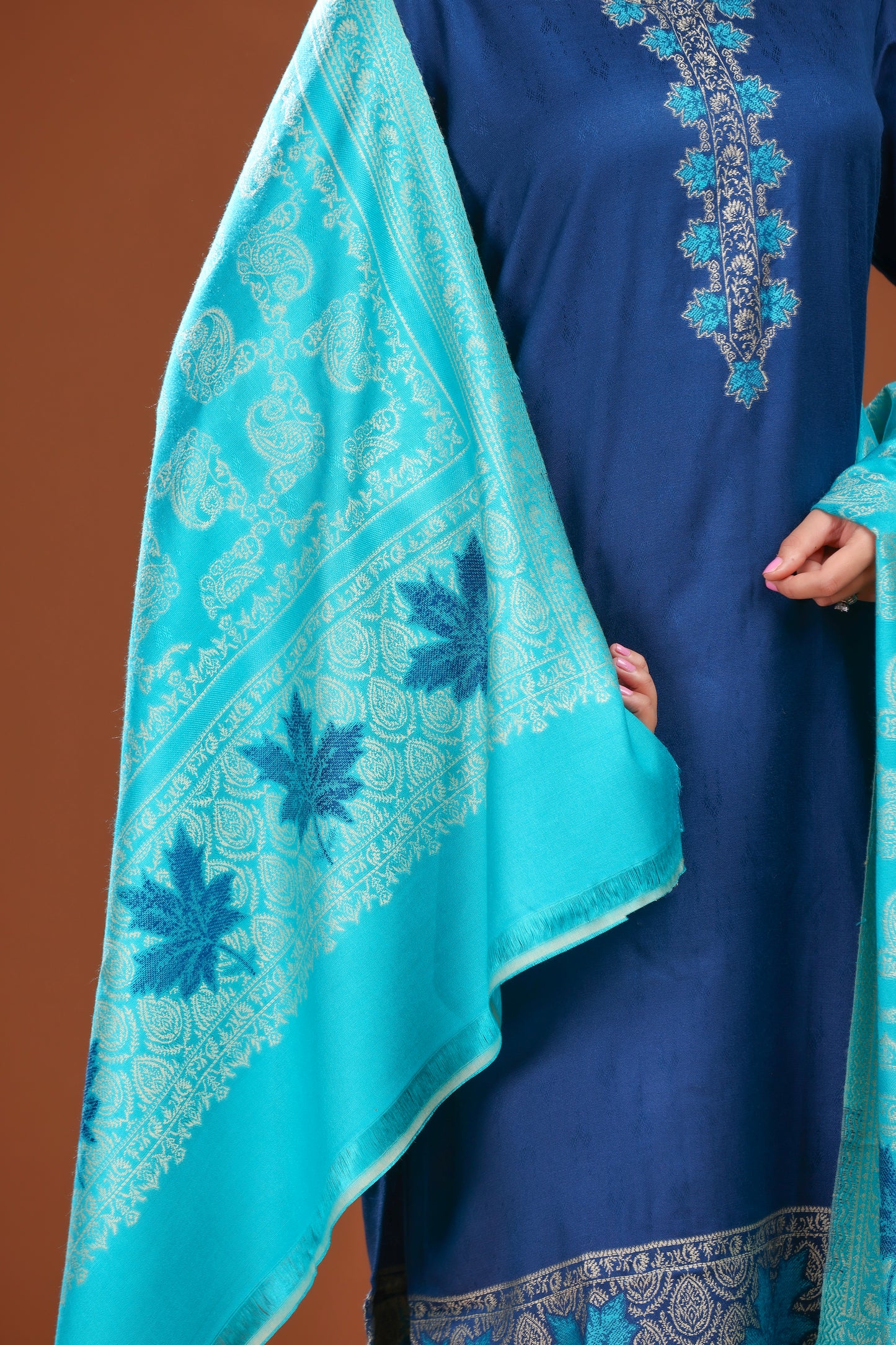 KRITI Woolen Unstitched Winter Suit with  Paisley Weave Blue Color For Women