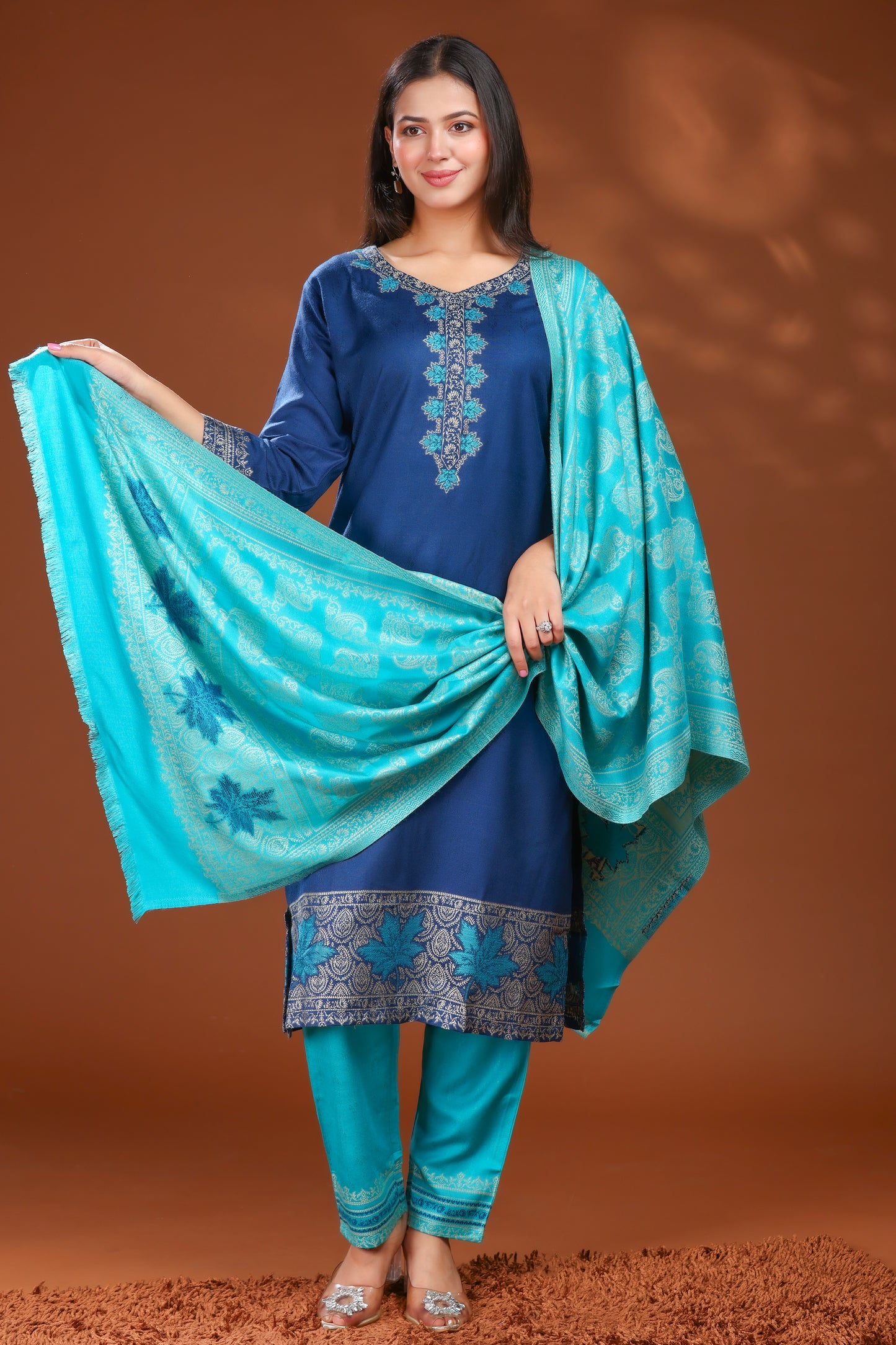 KRITI Woolen Unstitched Winter Suit with  Paisley Weave Blue Color For Women