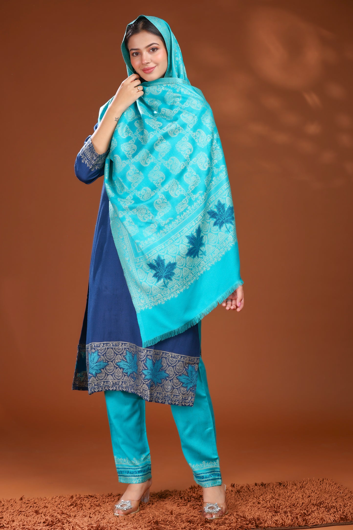 KRITI Woolen Unstitched Winter Suit with  Paisley Weave Blue Color For Women
